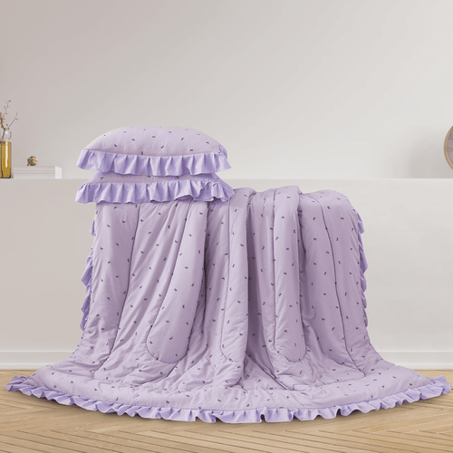 All-Season 6 Piece Delicate Bows Purple Bedding Set Ruffle Princess Style Comforter Set Bed in a Bag - Hypoallergenic Ultra-Fluffy Quilt for Winter Detail