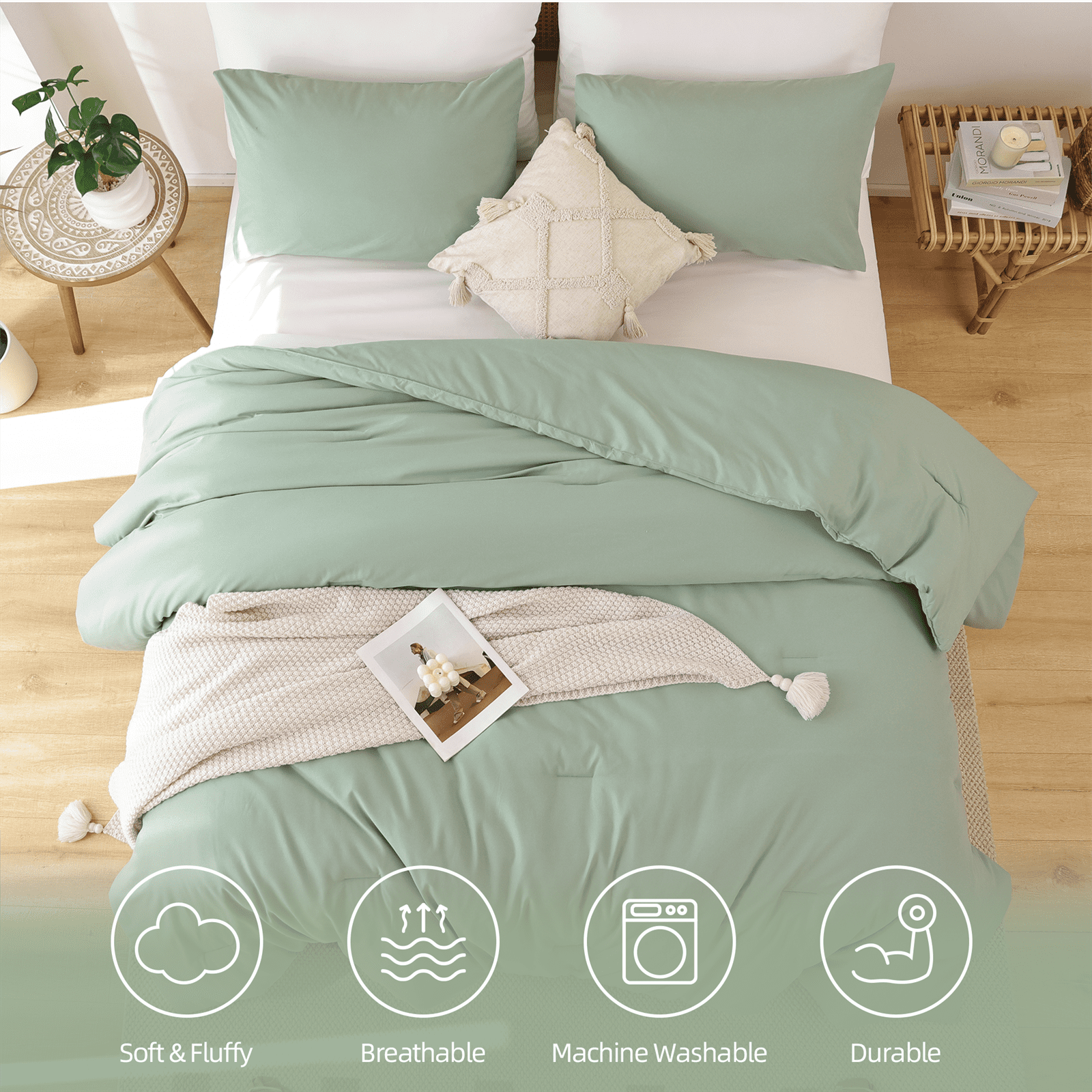 Hypoallergenic Cloud Queen Comforter Set For Adult, 3 Piece Sage Green Comforter Sets & Bedding For All Season - Hypoallergenic Ultra-Fluffy Quilt for Winter Detail