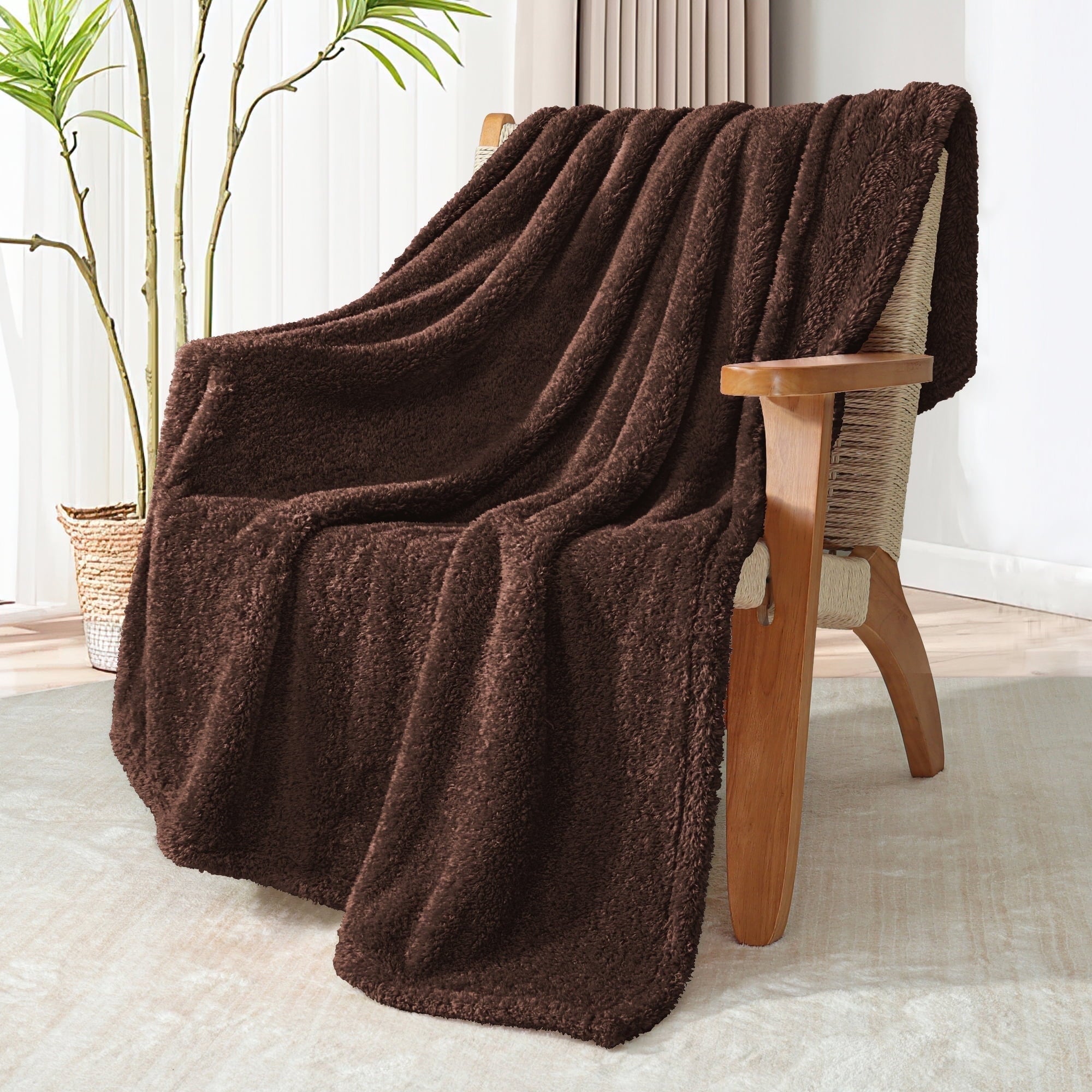 Reversible Sherpa Fuzzy Fleece Throw Blanket for Couch Sofa, Lightweight Fluffy Solid Velvet Blanket, 50x60 Inches, Coffee - Lightweight Plush Warm Blanket for All Seasons Detail