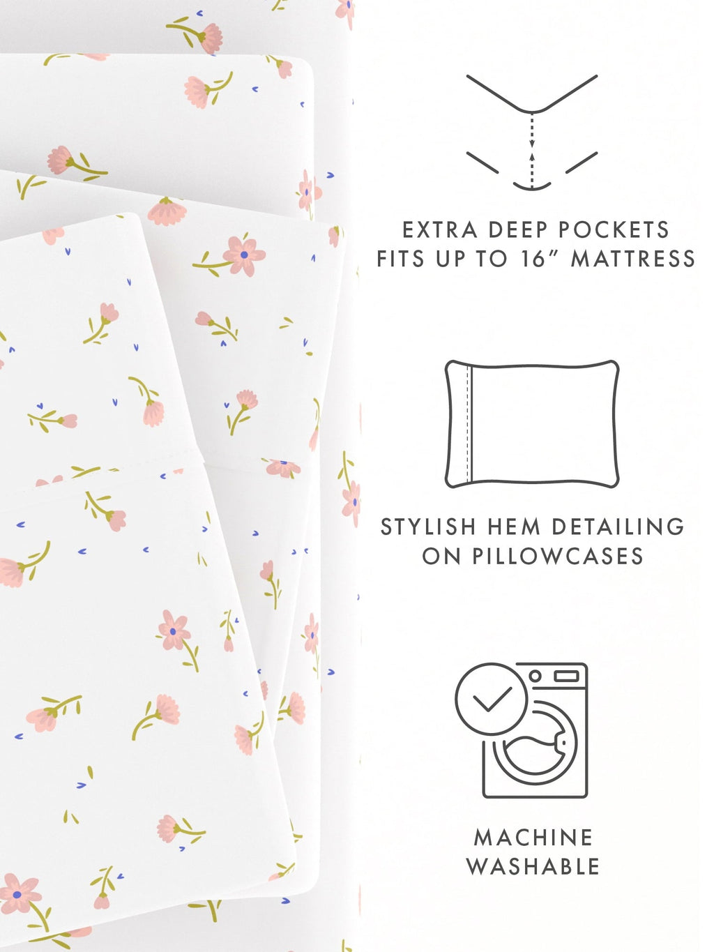 Premium Egyptian Cotton Ultra Soft & Breathable Wrinkle Free Bed Sheets Set - Floral Pink Farmhouse Patterned for Twin Size Bedding - Premium Ultra-Soft Pillowcase Pair for Sleeping Detail