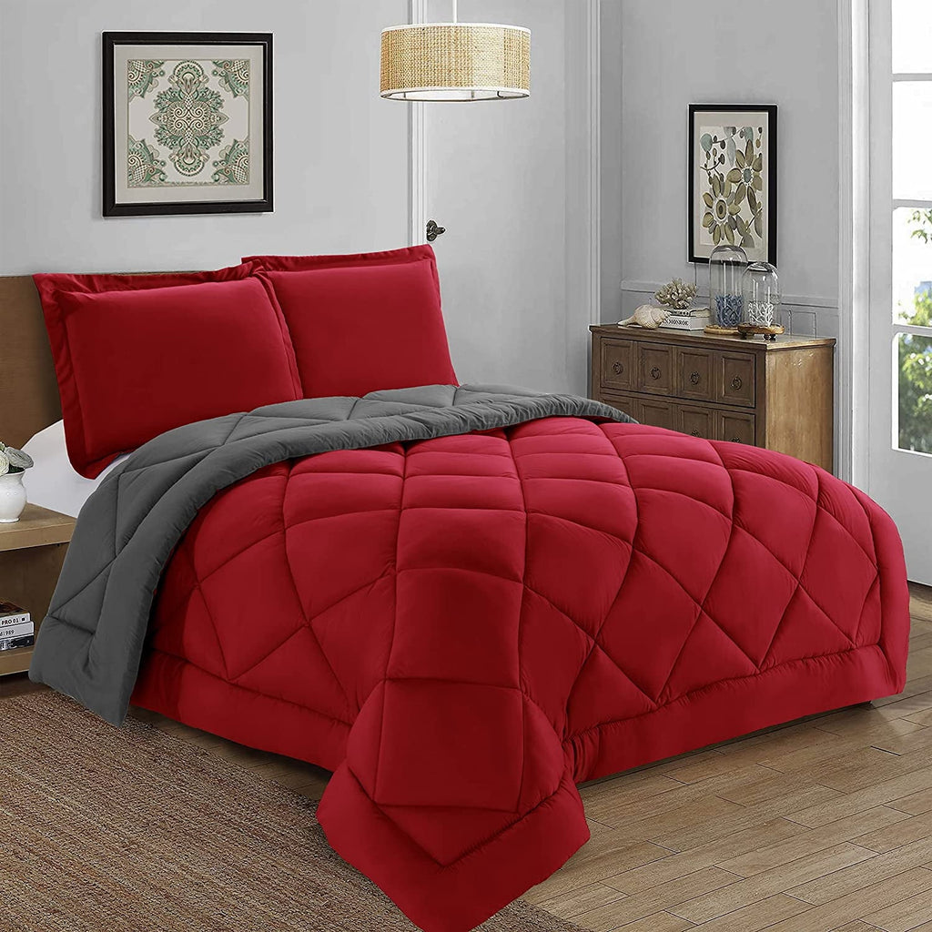 Luxurious Quilted Reversible 3pc Comforter Set- Available In A Few Sizes And Colors , Full/Queen, Red/Gray - Hypoallergenic Ultra-Fluffy Quilt for Winter Detail