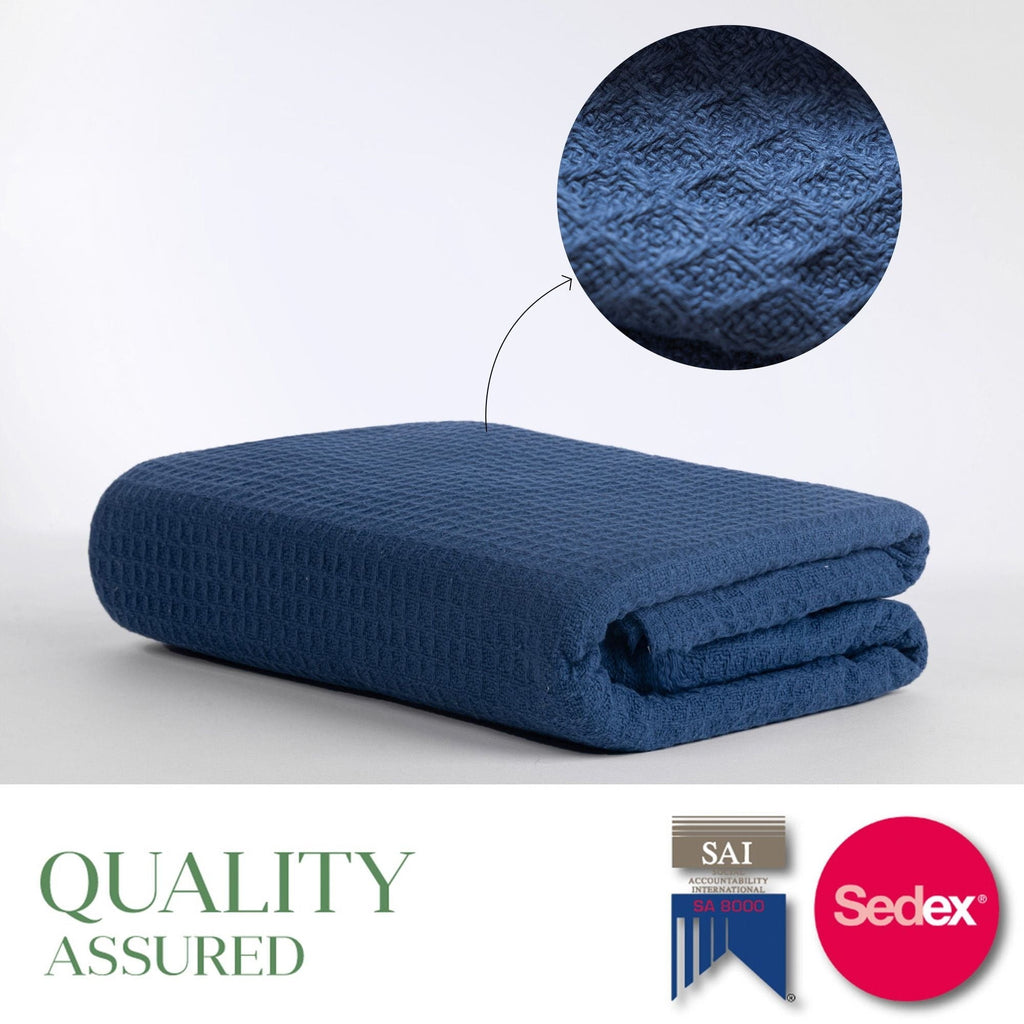 Cozy Fleece Twin Waffle Throw Blanket for Couch (68" x 92"), 100% Cotton Throw Blankets for Bed, Waffle Blanket for Bed (Navy) - Super Soft Reversible Sherpa Flannel Blanket Detail
