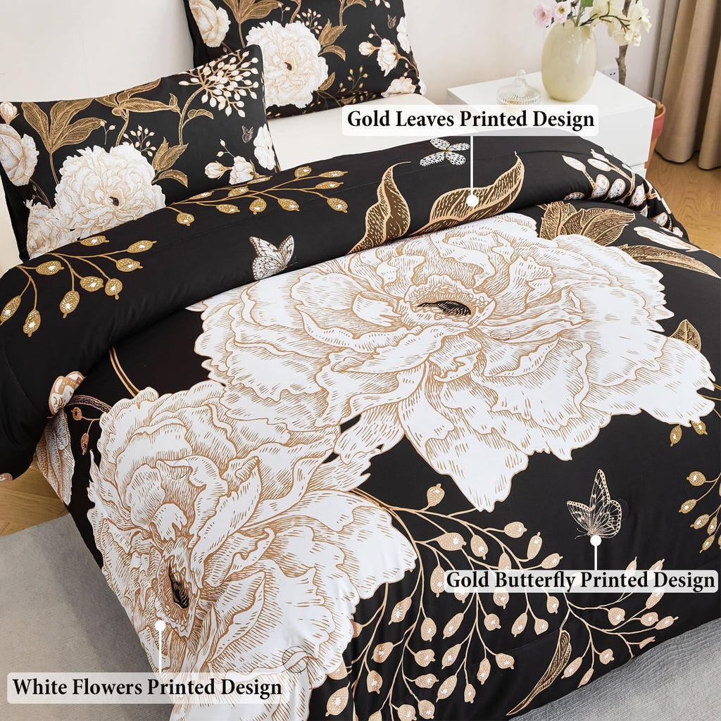 Luxurious Quilted Black Floral Comforter Set Queen, Printed Comforter White Flowers Butterfly Bedding Set, 3 Pieces Botanical Reversibl... - Hypoallergenic Ultra-Fluffy Quilt for Winter Detail