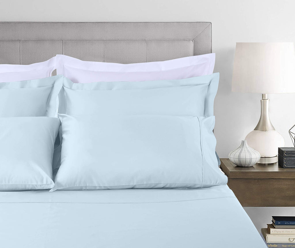 Wrinkle-Resistant 100% Cotton King Bed Sheets Set - 4-Piece, 300 Thread Count, Lightweight Sateen, Light Blue - Cooling Hotel Quality Bedding Sheets and Pillowcases Detail