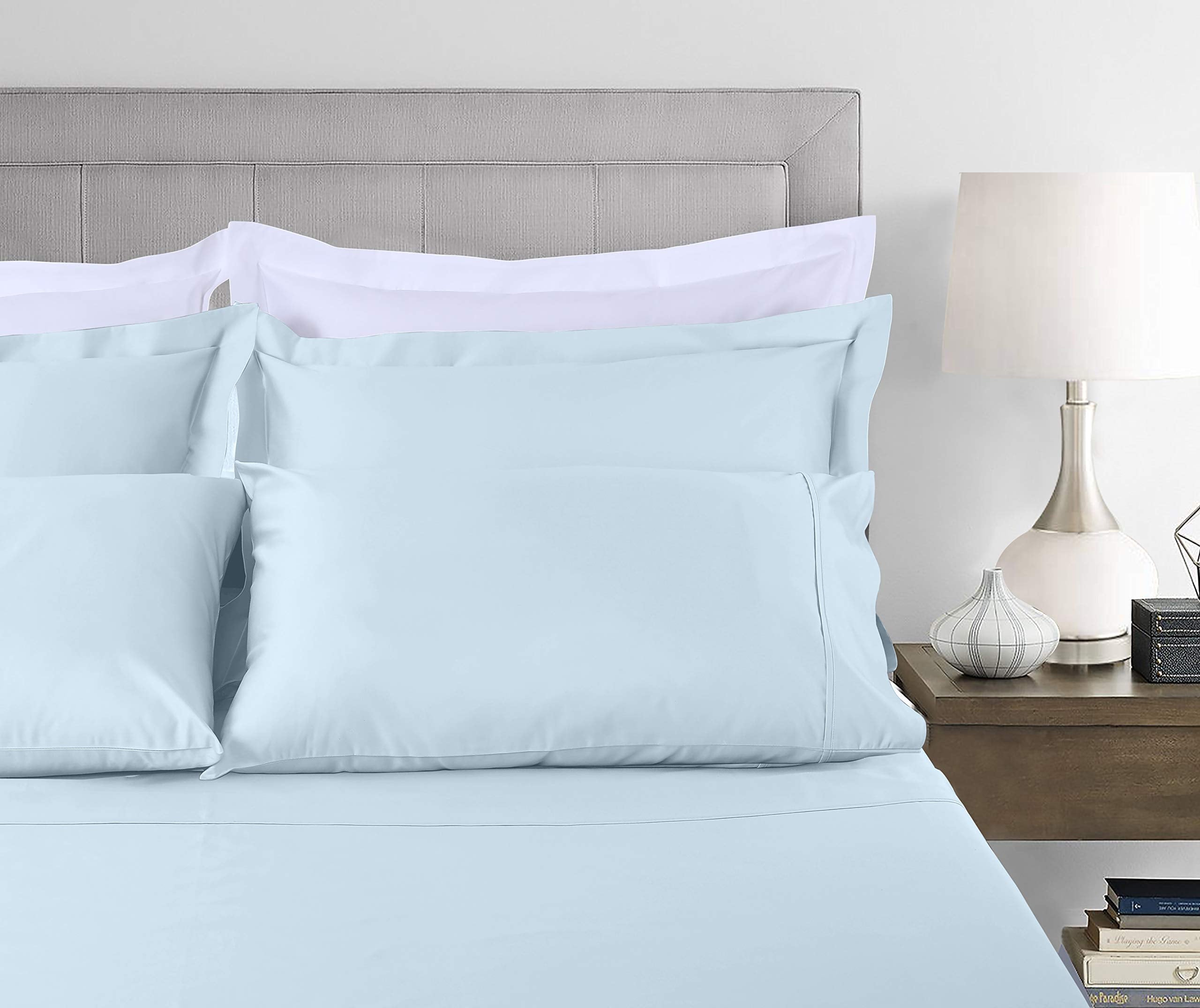 Wrinkle-Resistant 100% Cotton King Bed Sheets Set - 4-Piece, 300 Thread Count, Lightweight Sateen, Light Blue - Cooling Hotel Quality Bedding Sheets and Pillowcases Detail