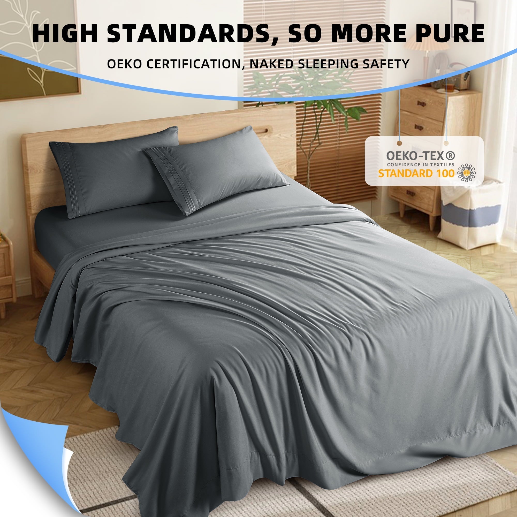 Wrinkle-Resistant Shilucheng 4 Pieces Luxury Bed Sheets Set, Plush Microfiber Bed Sheets, 16" Deep Pocket, Queen, Dark Gray - Luxury Bed Sheet Set with Deep Pockets Detail