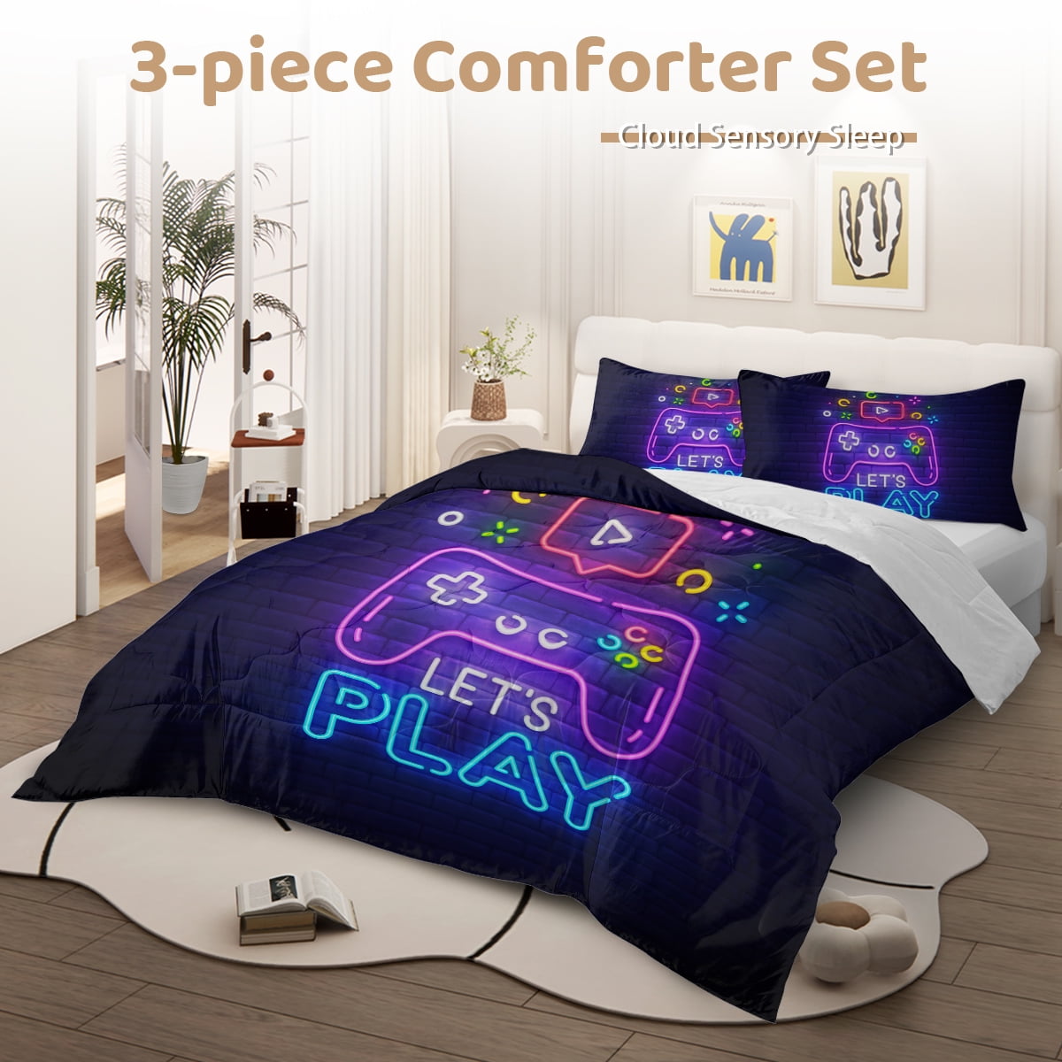 All-Season Gaming Comforter Set for Boys, 3-Piece Abstract Neon Kids Bedding Sets Twin Size - All-Season Down Alternative Comforter Insert Detail