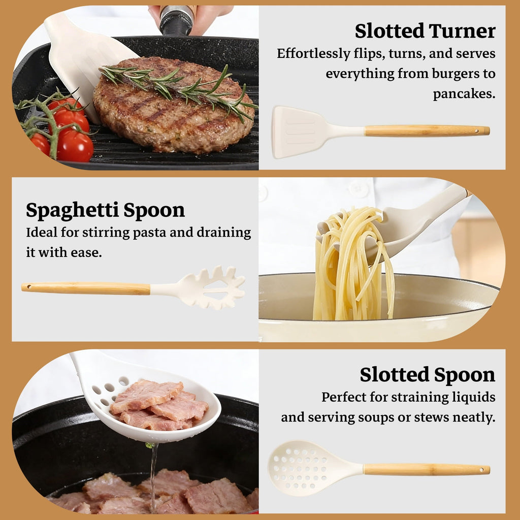Heat-Resistant 14-Piece Silicone Cooking Utensils Set, Non-Stick Kitchen Utensil Set for Baking, Flipping, Mixing, White - Heat-Resistant Silicone Cooking Spatula Turner Detail