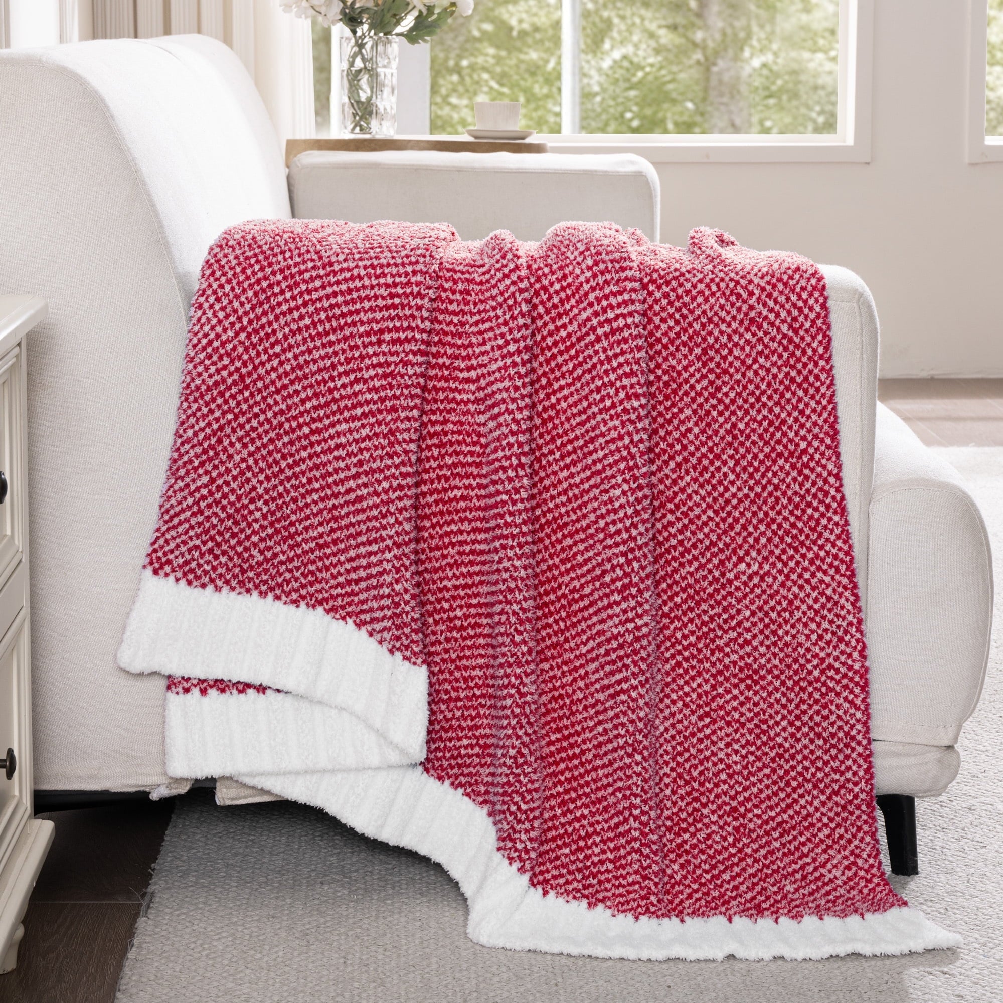 Reversible Sherpa Knit Throw Blanket, Ultra Soft Cozy Fluffy Blankets, Lightweight Fuzzy Plush Throw for Couch and Bed, Mixed Red, 50"x60" - Super Soft Reversible Sherpa Flannel Blanket Detail