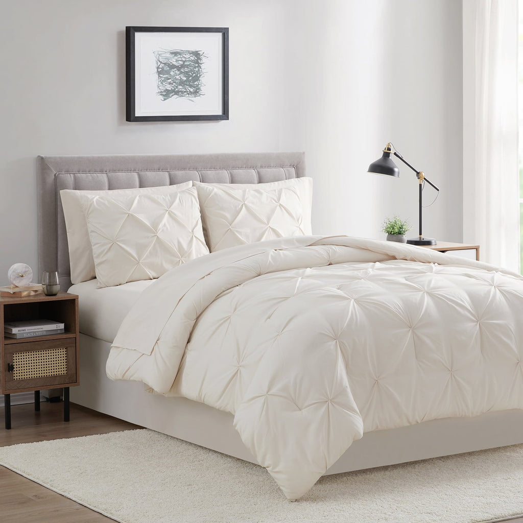 Heavyweight Warmth Comforter Set, 3-Piece, Queen, Pleated Wrinkle-Resistant Microfiber Bedding, Ivory, All-Season - Hypoallergenic Ultra-Fluffy Quilt for Winter Detail