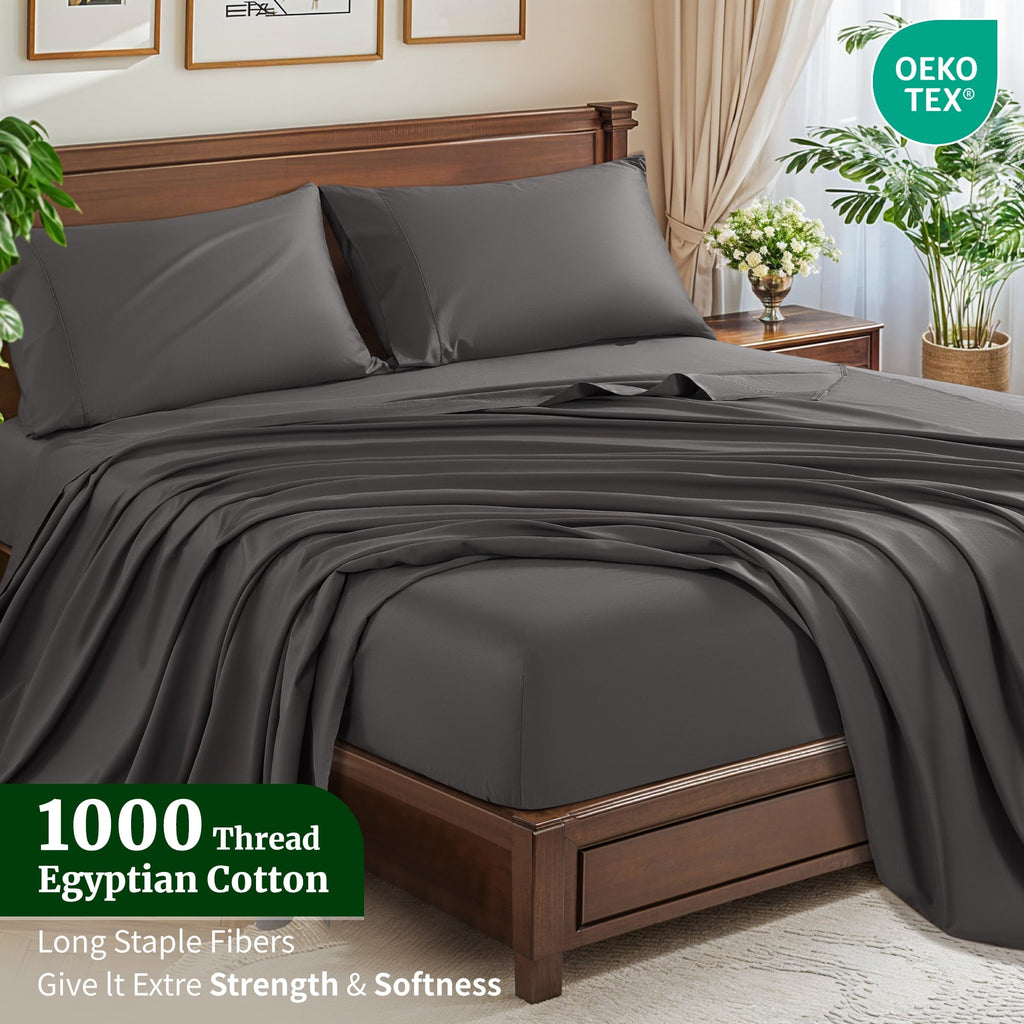 Ultra-Soft 100% Cotton Bed Sheets Set, 1000 Thread Count 4 Piece Luxury Soft Sheets Set with 16" Deep Pocket, Queen, Dark Gray - Luxury Bed Sheet Set with Deep Pockets Detail