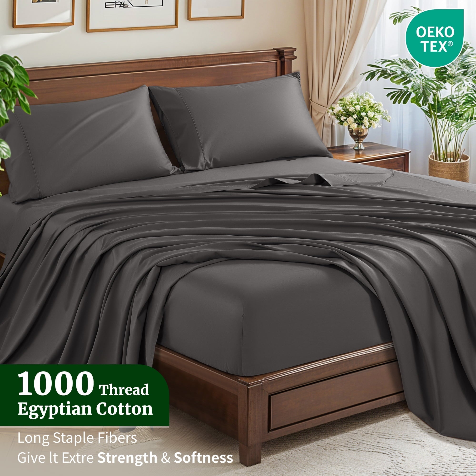 Ultra-Soft 100% Cotton Bed Sheets Set, 1000 Thread Count 4 Piece Luxury Soft Sheets Set with 16" Deep Pocket, Queen, Dark Gray - Luxury Bed Sheet Set with Deep Pockets Detail