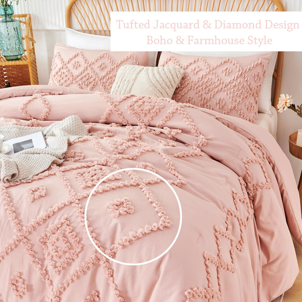 Heavyweight Warmth Pink Diamond Jacquard Comforter Set Queen 3 Pcs Bohemian Tufts Quilt Set for Kids Girls Adult 100% Soft Microfiber Be... - Hypoallergenic Ultra-Fluffy Quilt for Winter Detail