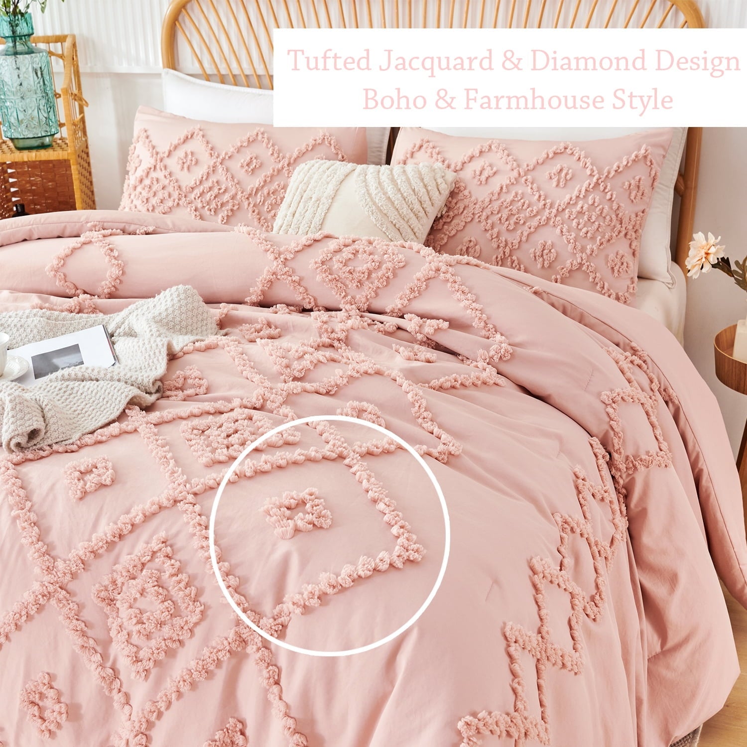 Heavyweight Warmth Pink Diamond Jacquard Comforter Set Queen 3 Pcs Bohemian Tufts Quilt Set for Kids Girls Adult 100% Soft Microfiber Be... - Hypoallergenic Ultra-Fluffy Quilt for Winter Detail