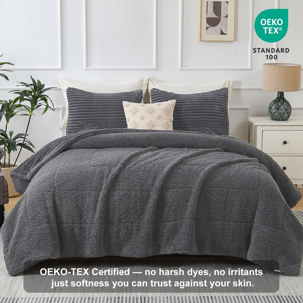 Hypoallergenic Cloud 3 Piece Fleece Queen Comforter Set - Soft & Warm Fluffy Dark Gray Sherpa Bedding , Fuzzy Heavy Double Sided Design Wi... - Cloud-Like Soft Lightweight Bed Comforter Detail
