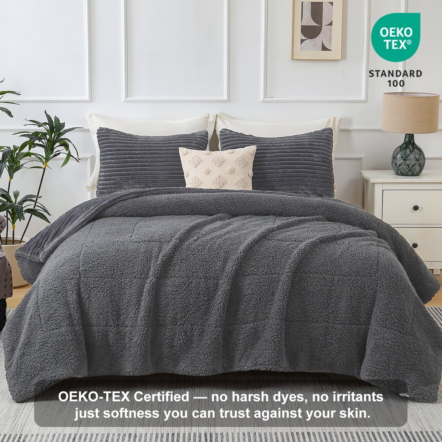 Hypoallergenic Cloud 3 Piece Fleece Queen Comforter Set - Soft & Warm Fluffy Dark Gray Sherpa Bedding , Fuzzy Heavy Double Sided Design Wi... - Cloud-Like Soft Lightweight Bed Comforter Detail