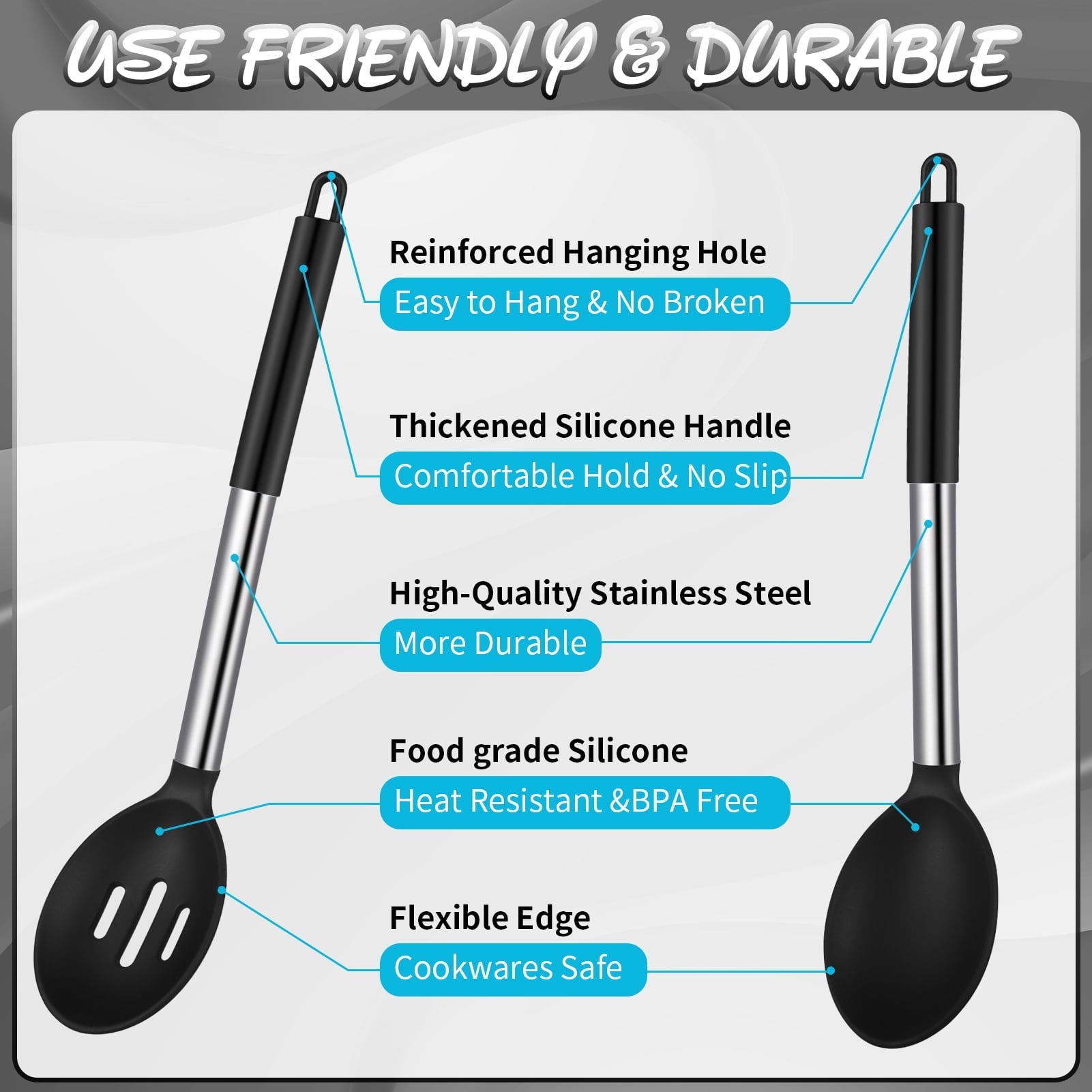 Non-Stick Safe Silicone Cooking Spatulas and Spoons, 4 Pack Heat Resistant Silicone Cooking Utensils Set, Non-stick Large Ki... - Durable Turner & Ladle Utensil Set for Home Chefs Detail