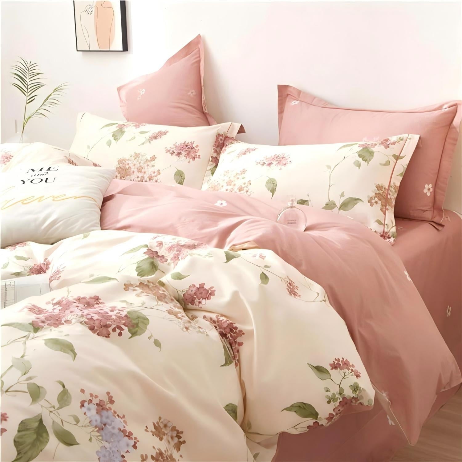 Fluffy Down Alternative White with Pink Flowers King Comforter Sets, 3 Pieces Chic Garden Style Reversible Bedding Sets for Adults All Season - Hypoallergenic Ultra-Fluffy Quilt for Winter Detail