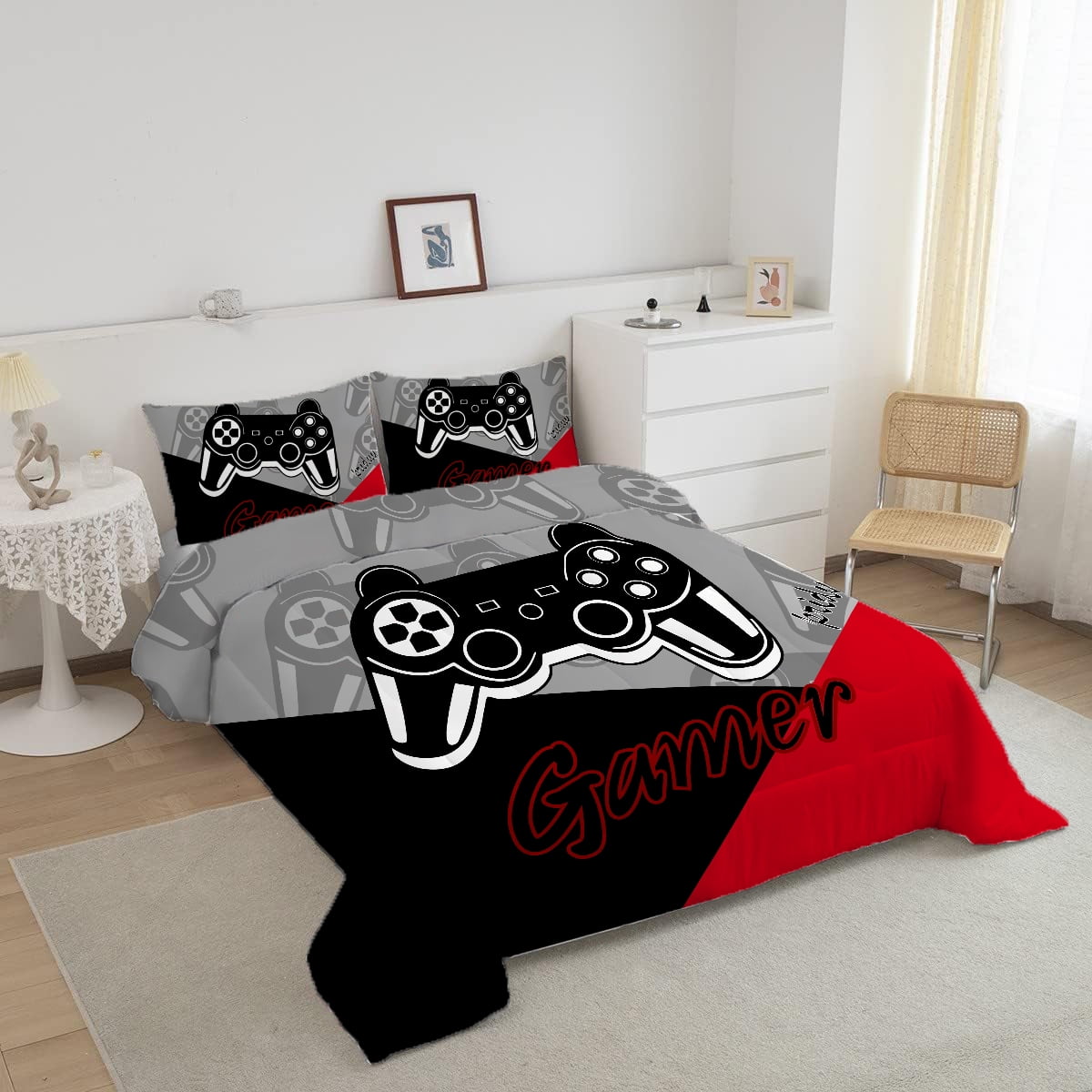Luxurious Quilted Gaming Comforter for Kids Boys Teens Video Game Bedding Set Gamer Comforter Gamepad Comforter Set Full Size Red Black... - Luxurious Quilted Duvet Cover Set Detail