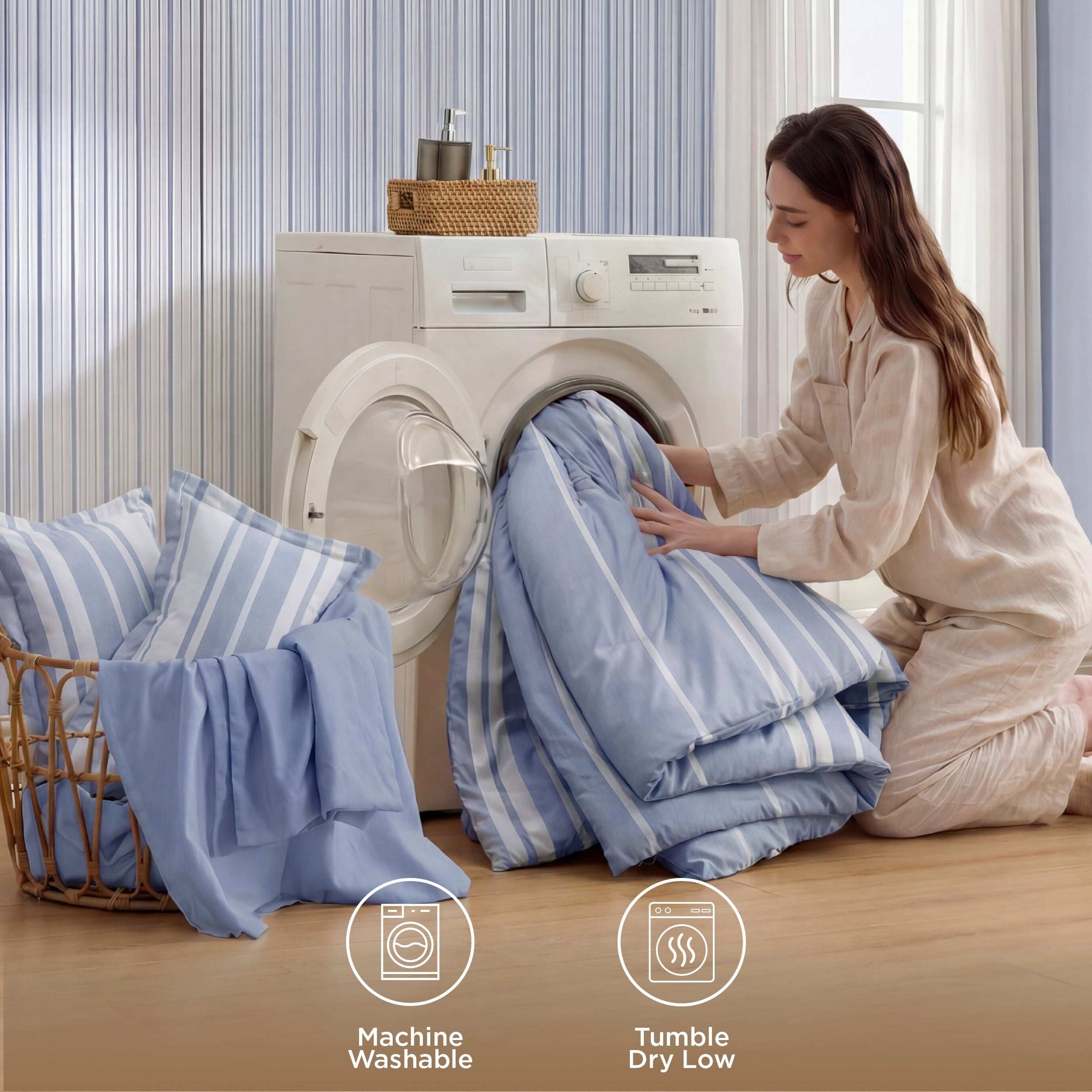Luxurious Quilted Queen Comforter Set Blue, Bed in a Bag Queen Size Bedding 7-Pieces, Striped Bedding Set for All Seasons - All-Season Down Alternative Comforter Insert Detail
