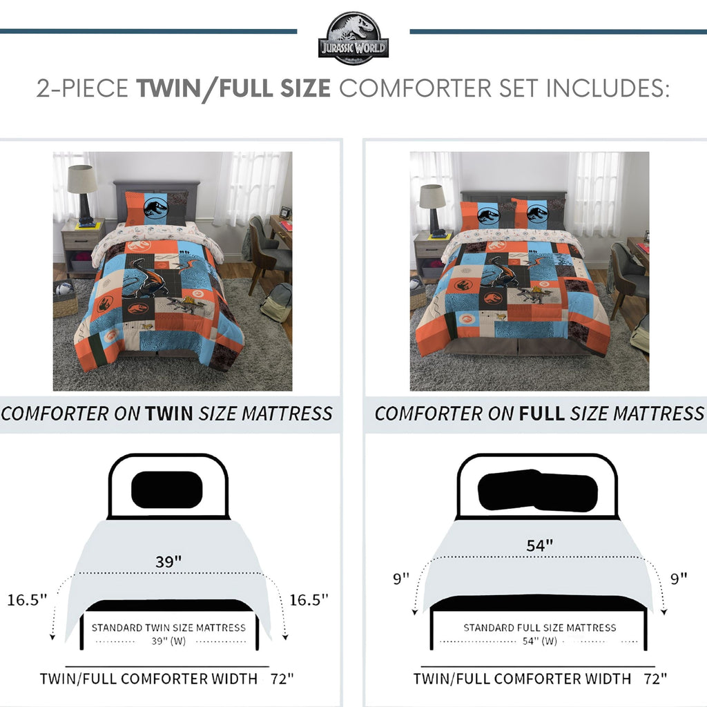 Luxurious Quilted Kids 2 Piece Blue Orange Reversible Dinosaur Comforter and Pillowcase set, Twin/full - Hypoallergenic Ultra-Fluffy Quilt for Winter Detail
