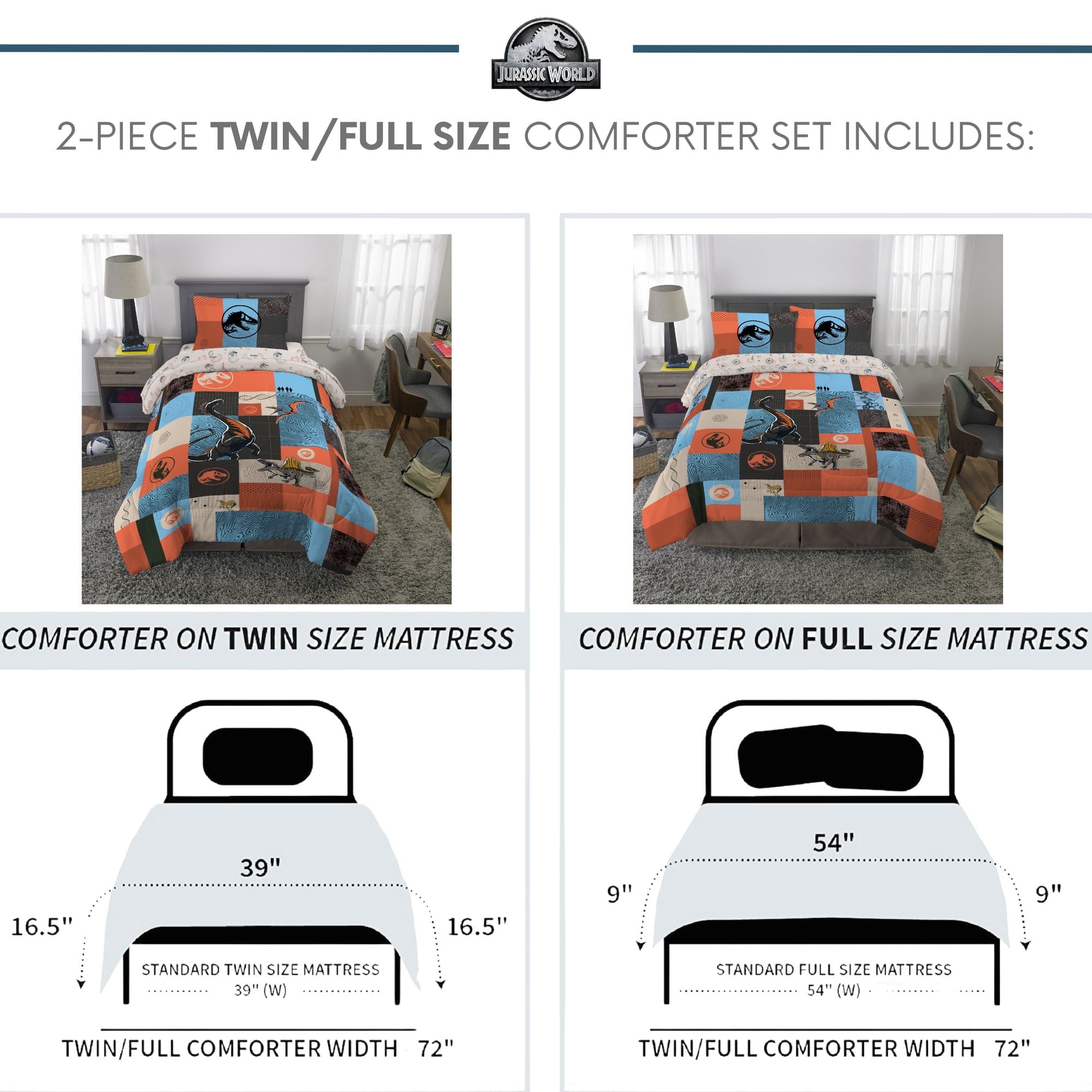 Luxurious Quilted Kids 2 Piece Blue Orange Reversible Dinosaur Comforter and Pillowcase set, Twin/full - Hypoallergenic Ultra-Fluffy Quilt for Winter Detail
