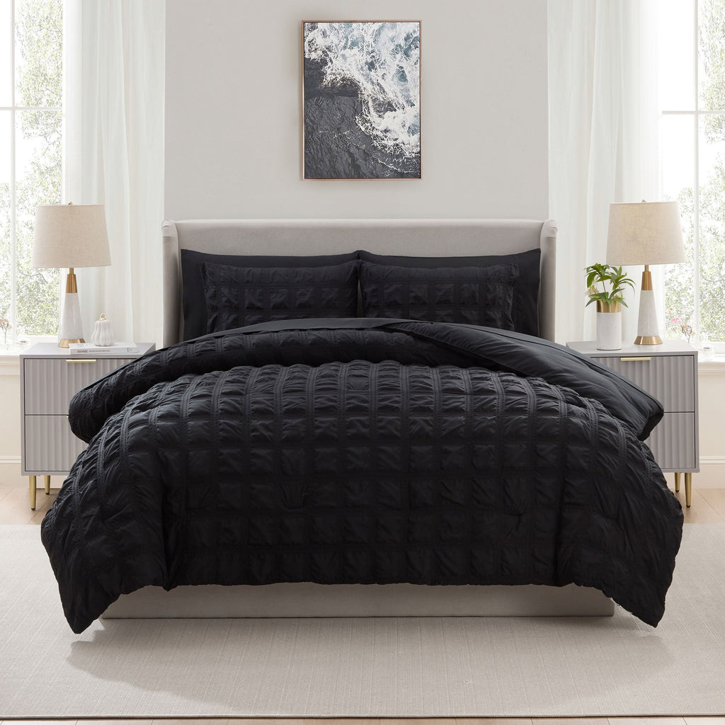 Hypoallergenic Cloud Queen Comforter Set, Seersucker Queen Size Comforter Set, 7-Pc All Season Bedding Comforter Set, Black - Hypoallergenic Ultra-Fluffy Quilt for Winter Detail