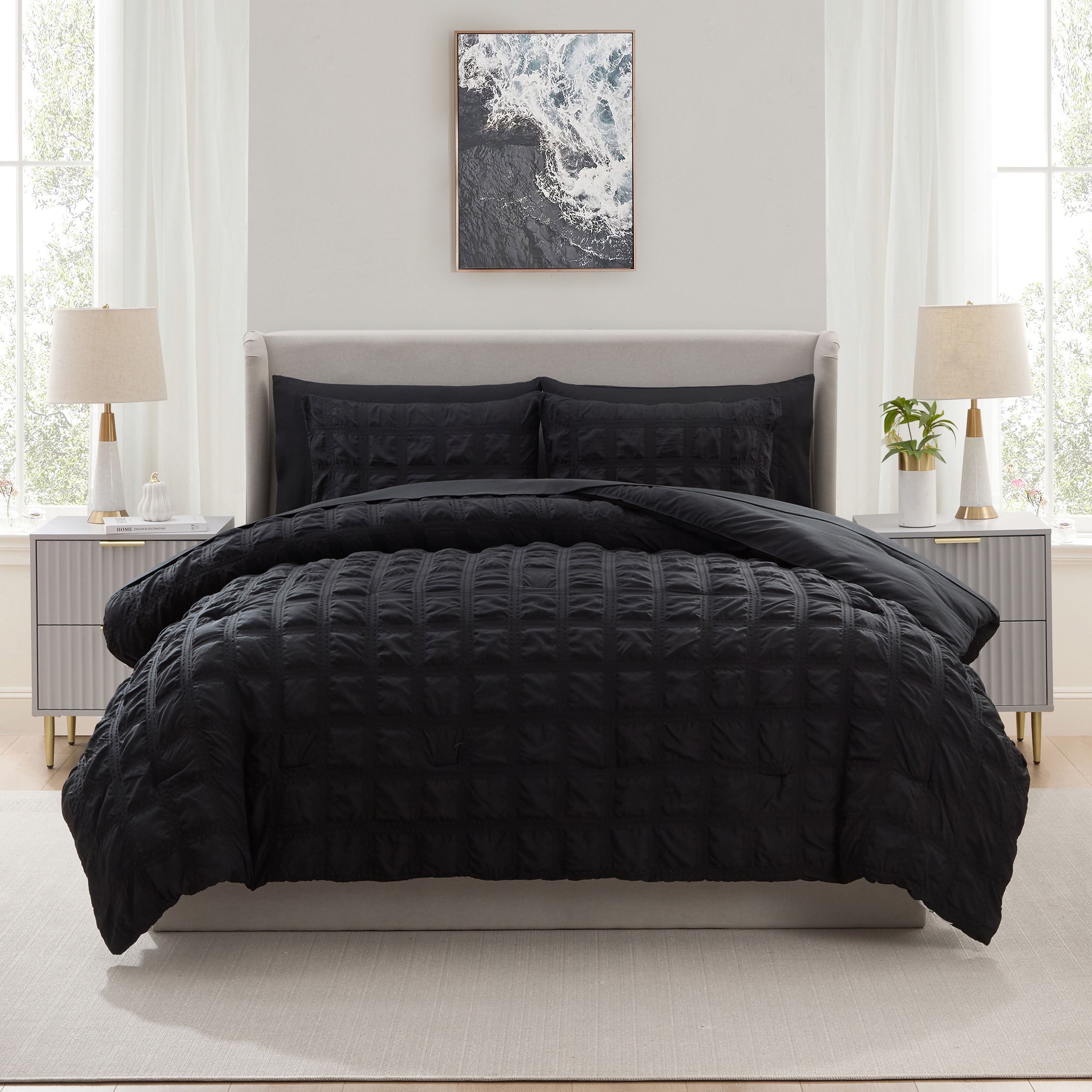 Hypoallergenic Cloud Queen Comforter Set, Seersucker Queen Size Comforter Set, 7-Pc All Season Bedding Comforter Set, Black - Hypoallergenic Ultra-Fluffy Quilt for Winter Detail