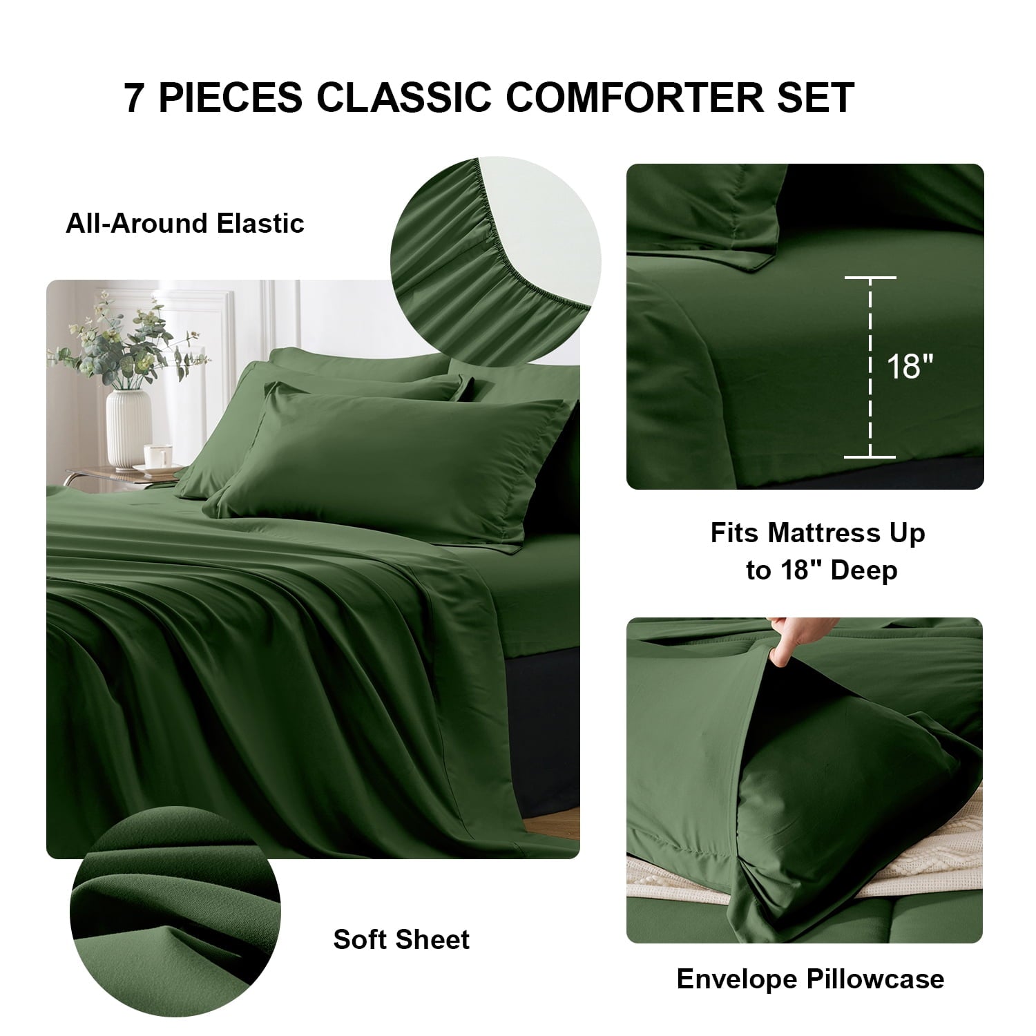 Luxurious Quilted Queen Comforter Set Forest Green Bed in a Bag Queen Size 7 Pieces Soft Bed Set Lightweight Microfiber Green Bedding C... - Hypoallergenic Ultra-Fluffy Quilt for Winter Detail