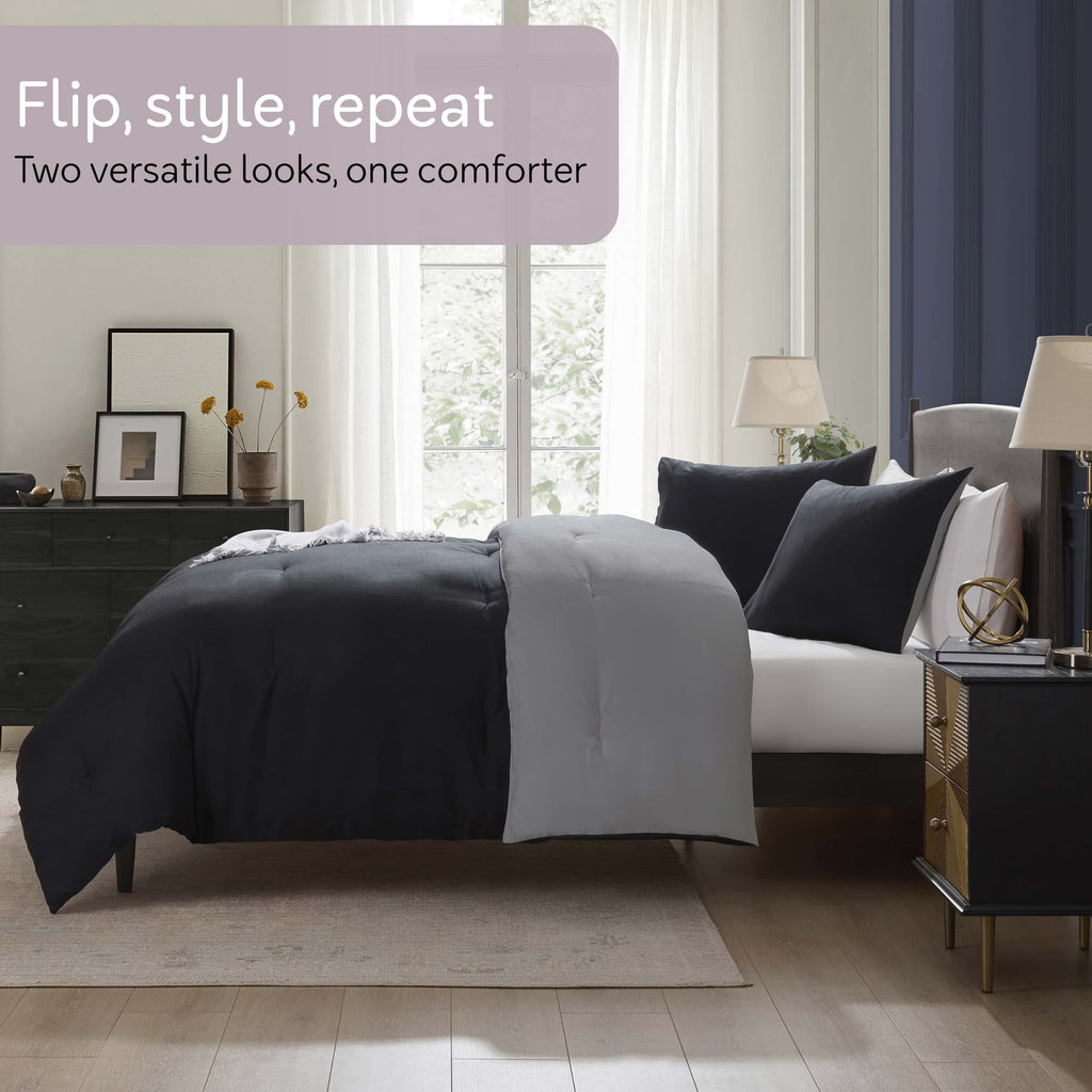 Fluffy Down Alternative Comforter Sets, All Season Lightweight Reversible Queen Comforter Set, 3-Pc Bedding Sets, Black/Charcoal gray - Hypoallergenic Ultra-Fluffy Quilt for Winter Detail