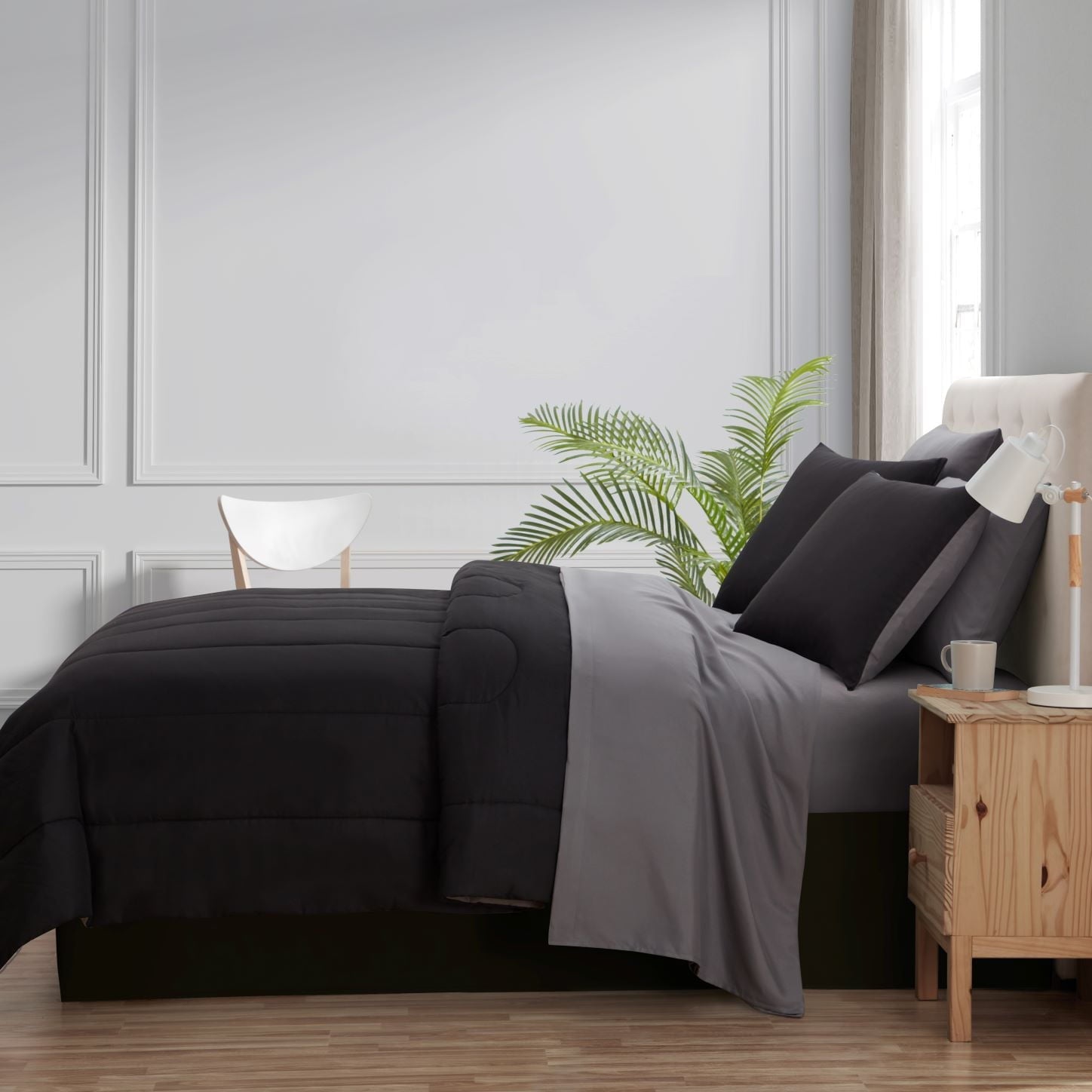 All-Season 7 Piece Reversible Bed in a Bag Comforter Set with Sheets, Black, King - All-Season Down Alternative Comforter Insert Detail