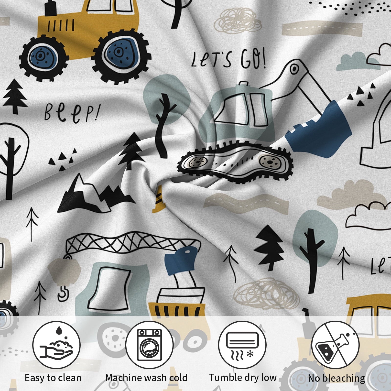 Cooling Sateen Cartoon Excavator Sheet Set for Kids Boys Truck Construction Bedding Set Engineering Vehicle Bed Sheet Sets with 1 Fi... - Luxury Bed Sheet Set with Deep Pockets Detail
