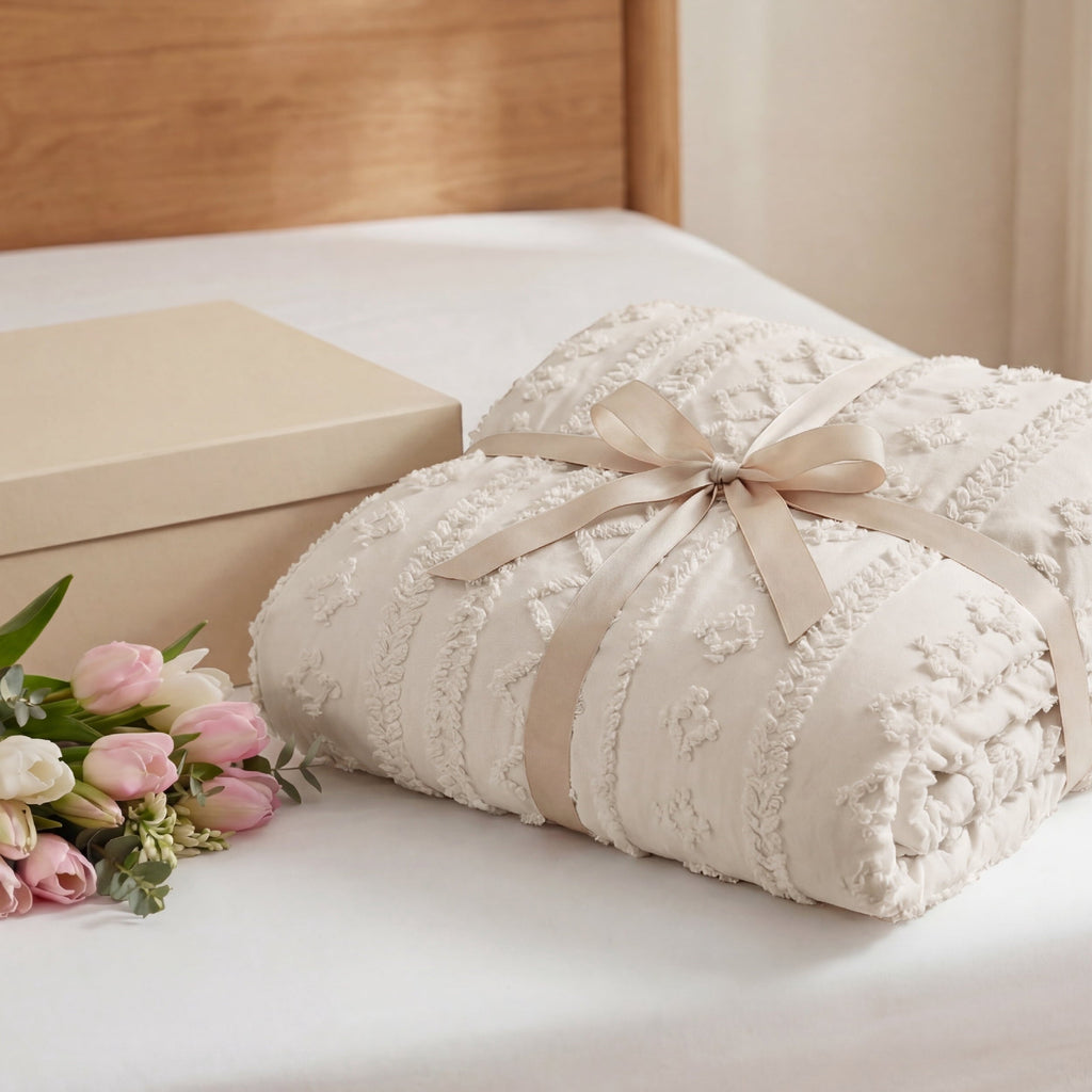 Fluffy Down Alternative Tufted Boho Comforter Set Queen, Beige, 3 Pieces Farmhouse Shabby Chic Embroidery Bedding Set, Soft Jacquard Comforte... - Cloud-Like Soft Lightweight Bed Comforter Detail