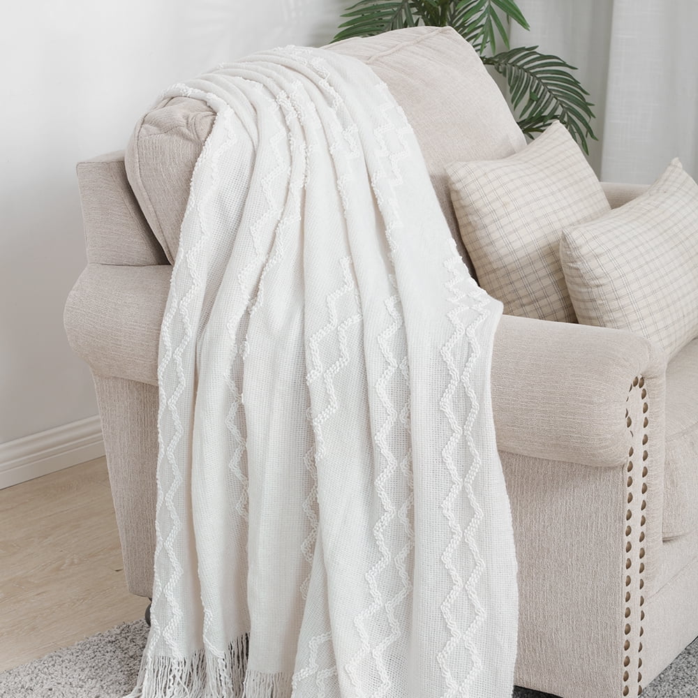 Lightweight Warm Fluffy Chenille Knitted Fringe Throw Blanket, Lightweight Soft Cozy Bed Sofa Chair Blanket, White, 50" x 60" - Cozy Fleece Throw Blanket for Couch & Bed Detail