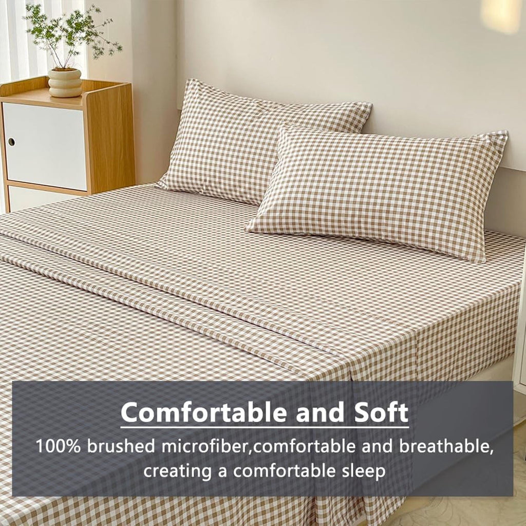 Premium Egyptian Cotton Sheet Set, Soft Brushed Microfiber Taupe Plaid Sheets, 4-Piece Brown Grid Set with Deep Pocket - Cooling Hotel Quality Bedding Sheets and Pillowcases Detail
