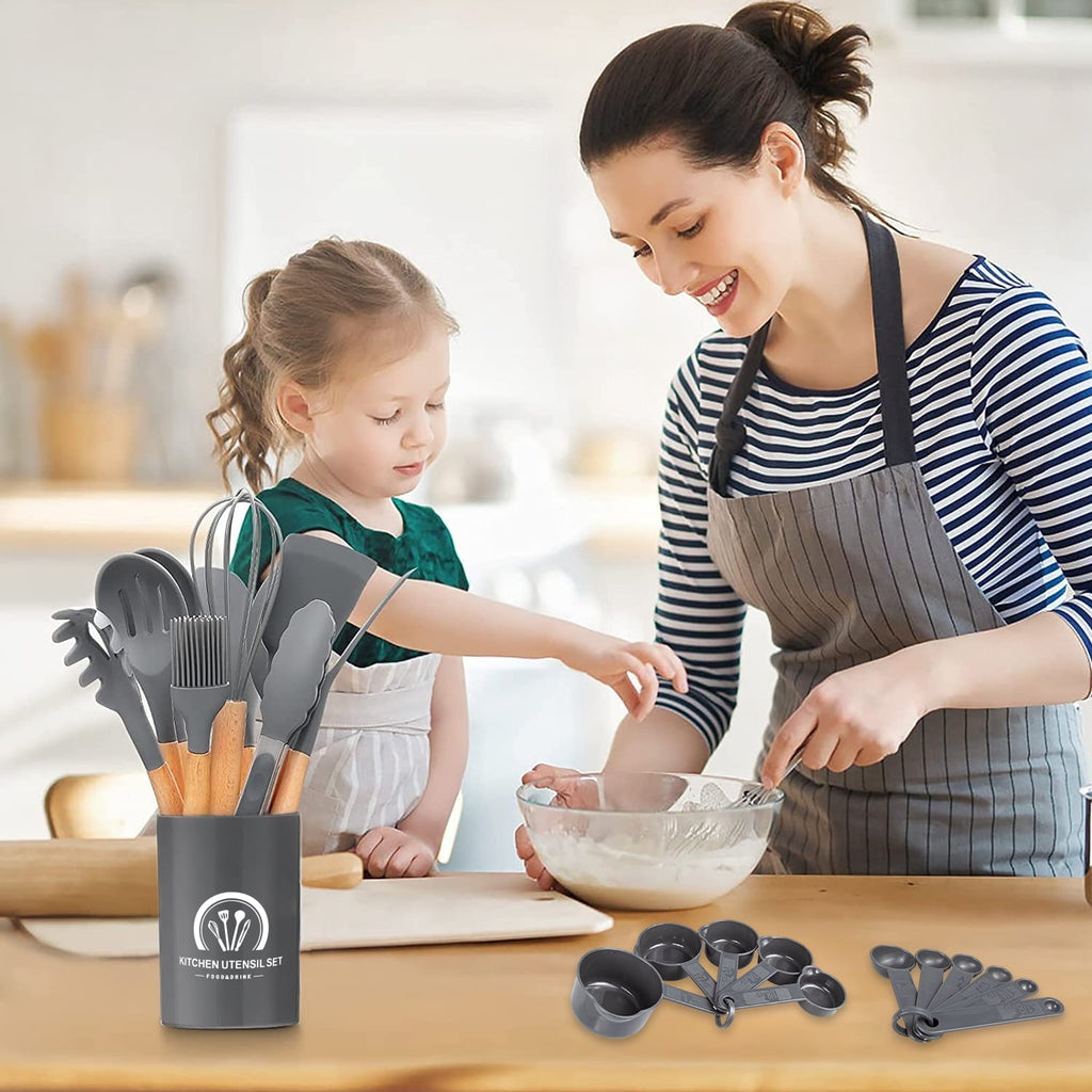 Durable Steel Silicone Cooking Utensils Set, 446°F Heat Resistant Wooden Handle Cooking Kitchen Utensils Spatula Set with Holder fo... - Multi-Purpose Hand Tool for Daily Meal Prep Detail