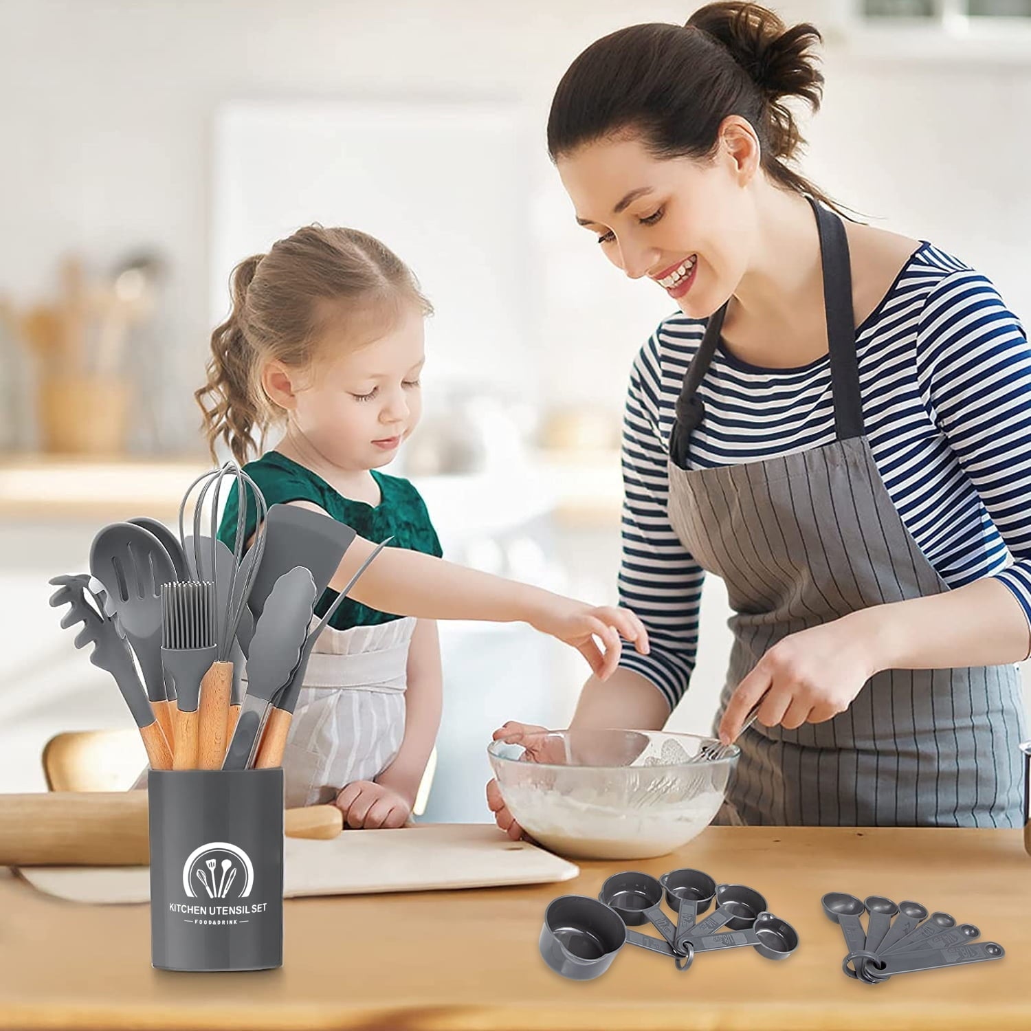 Durable Steel Silicone Cooking Utensils Set, 446°F Heat Resistant Wooden Handle Cooking Kitchen Utensils Spatula Set with Holder fo... - Multi-Purpose Hand Tool for Daily Meal Prep Detail