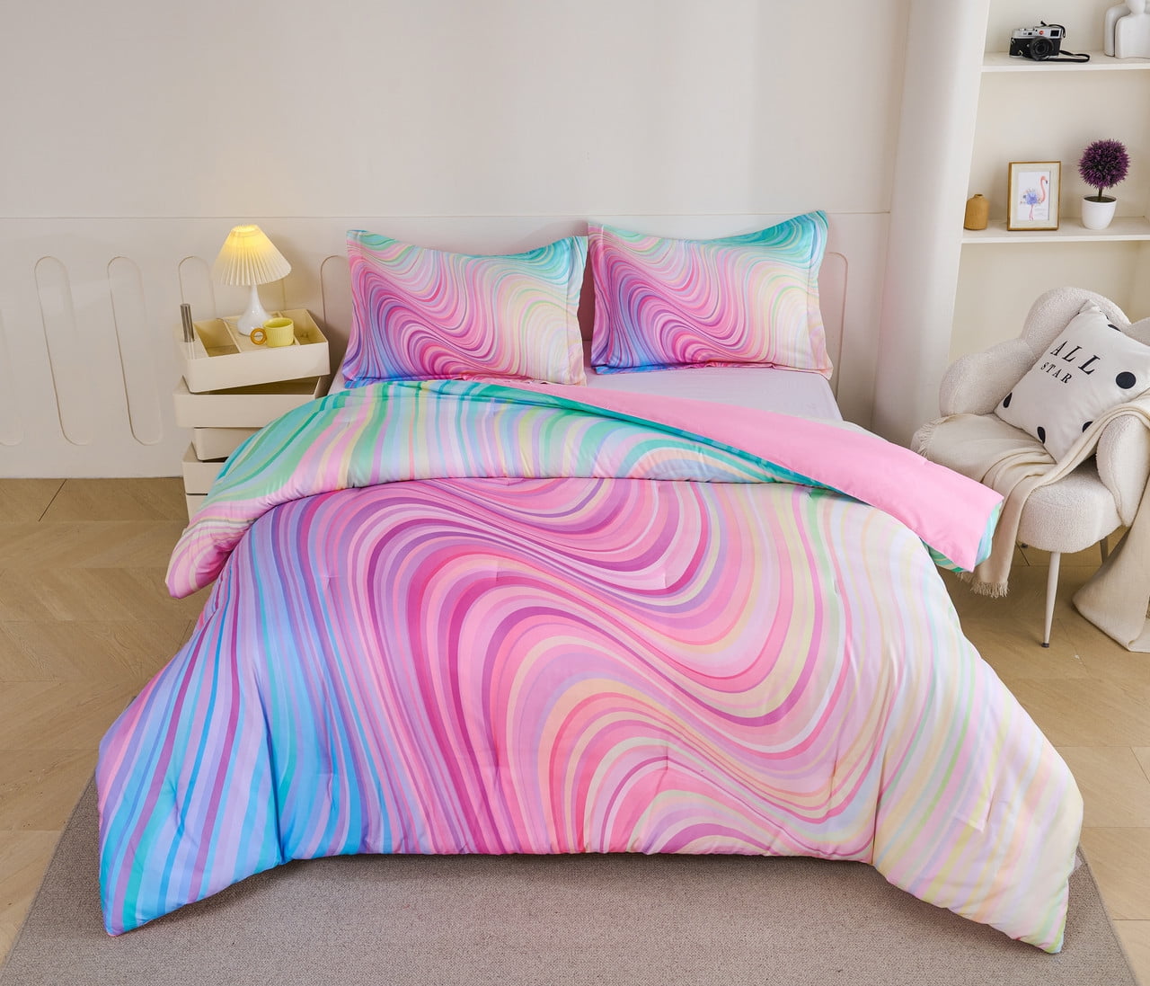Hypoallergenic Cloud 3-Piece Abstract Tie Dye Comforter Set, Blue Pink Purple, Kids Bedding Set for Girls Full/Queen Size - Cloud-Like Soft Lightweight Bed Comforter Detail