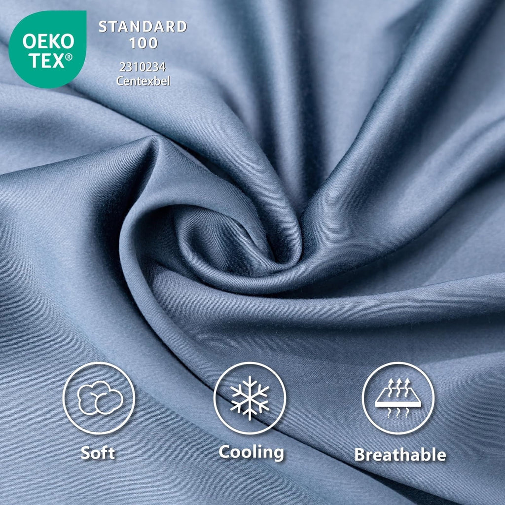 Cooling Sateen Luxury Bamboo Bed Sheets Set Full 4 Pcs for Adult,Soft&Cool,16" Deep Pocket,Blue Gray - Premium Ultra-Soft Pillowcase Pair for Sleeping Detail