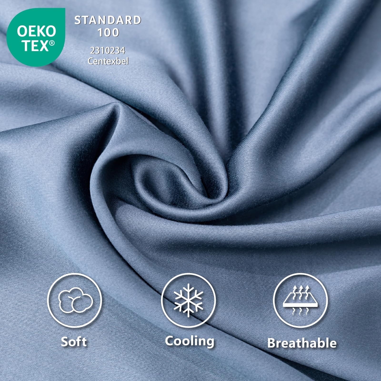 Cooling Sateen Luxury Bamboo Bed Sheets Set Full 4 Pcs for Adult,Soft&Cool,16" Deep Pocket,Blue Gray - Premium Ultra-Soft Pillowcase Pair for Sleeping Detail