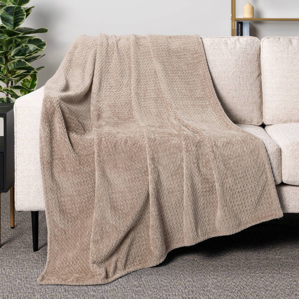 Decorative Knitted Soft Fleece Taupe Tan Throw Blanket for Couch, Lightweight Plush Warm Blankets for Bed, Fuzzy Cozy Flannel Blanket Th... - Lightweight Plush Warm Blanket for All Seasons Detail