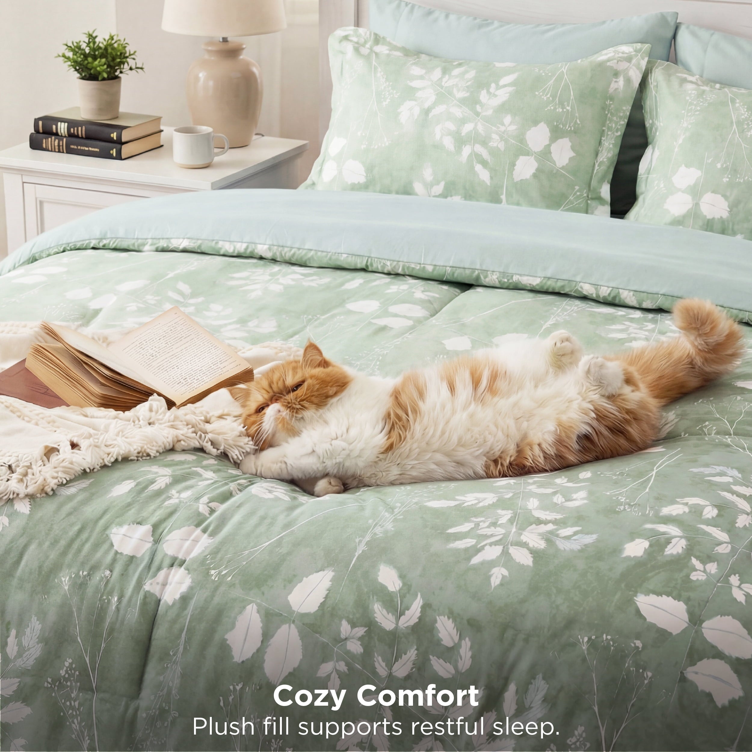 All-Season Queen Comforter Set Sage Green, Bed in a Bag Queen Size Bedding, 7-Pieces Botanical Flowers Spring Comforter, Sheets,... - Luxurious Quilted Duvet Cover Set Detail