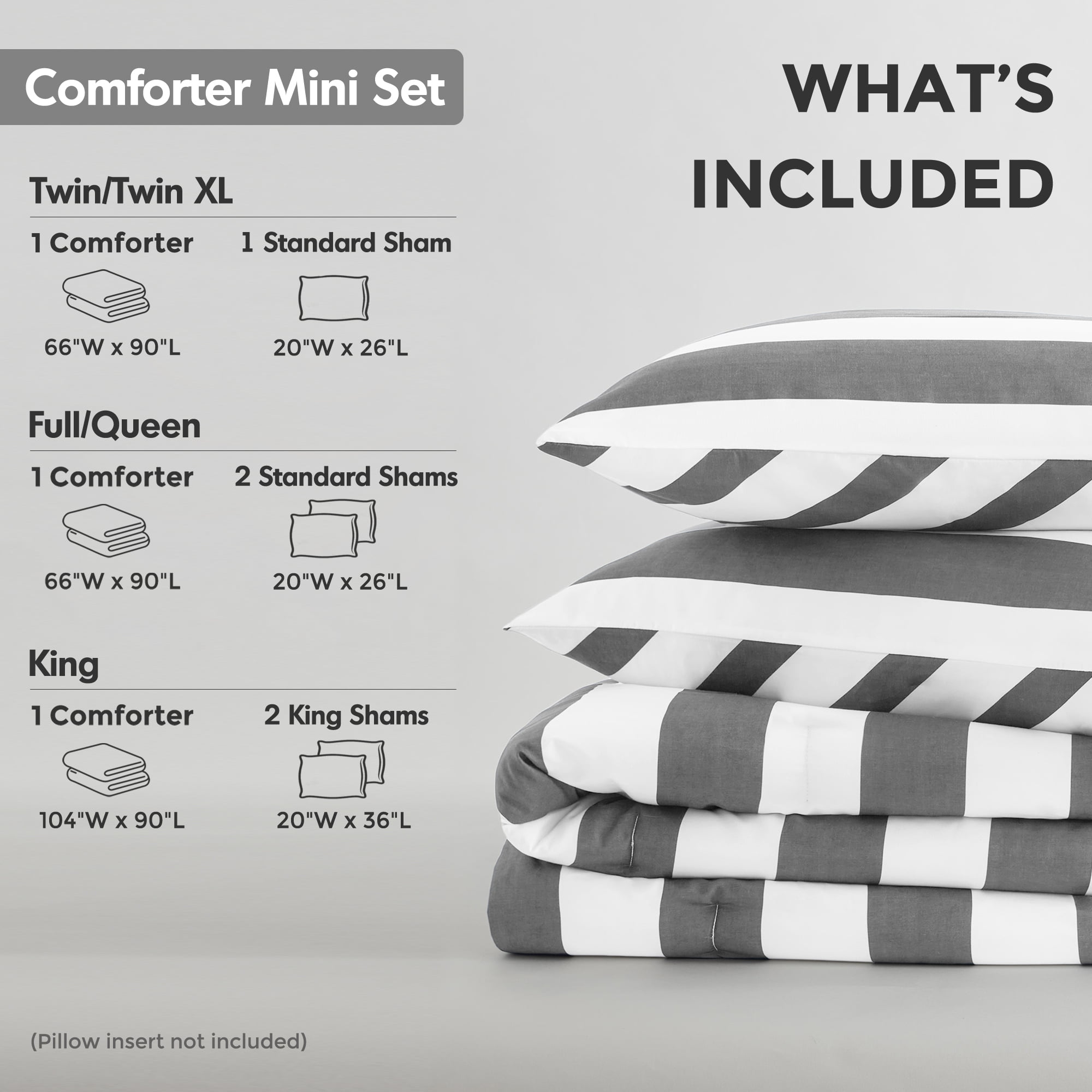 Heavyweight Warmth Full/Queen Size Comforter Sets, 3-Piece Bedding Set Full/Queen, Reversible Striped Comforter Bed Set, Charcoal - All-Season Down Alternative Comforter Insert Detail