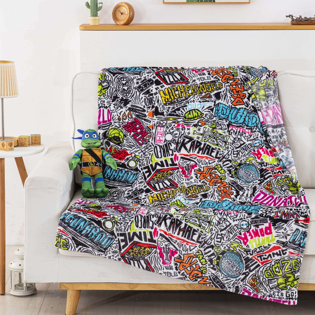 Decorative Knitted Teenage Mutant Tutles Sketched Out Kids Silk Touch Throw Blanket with Plush Hugger – Ultra Soft Plush Character Pillo... - Luxury Knitted Decorative Throw Blanket with Fringes Detail