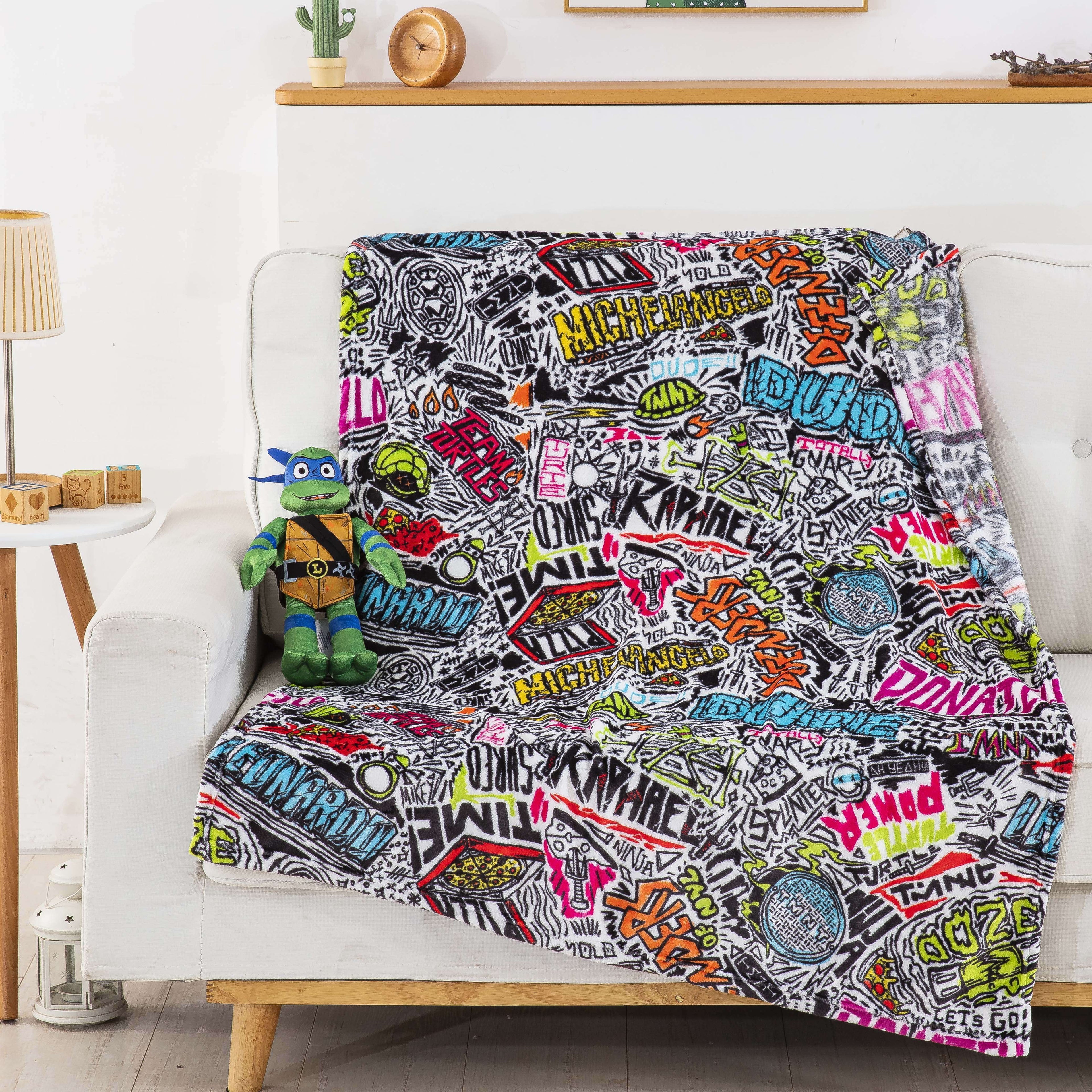 Decorative Knitted Teenage Mutant Tutles Sketched Out Kids Silk Touch Throw Blanket with Plush Hugger – Ultra Soft Plush Character Pillo... - Luxury Knitted Decorative Throw Blanket with Fringes Detail