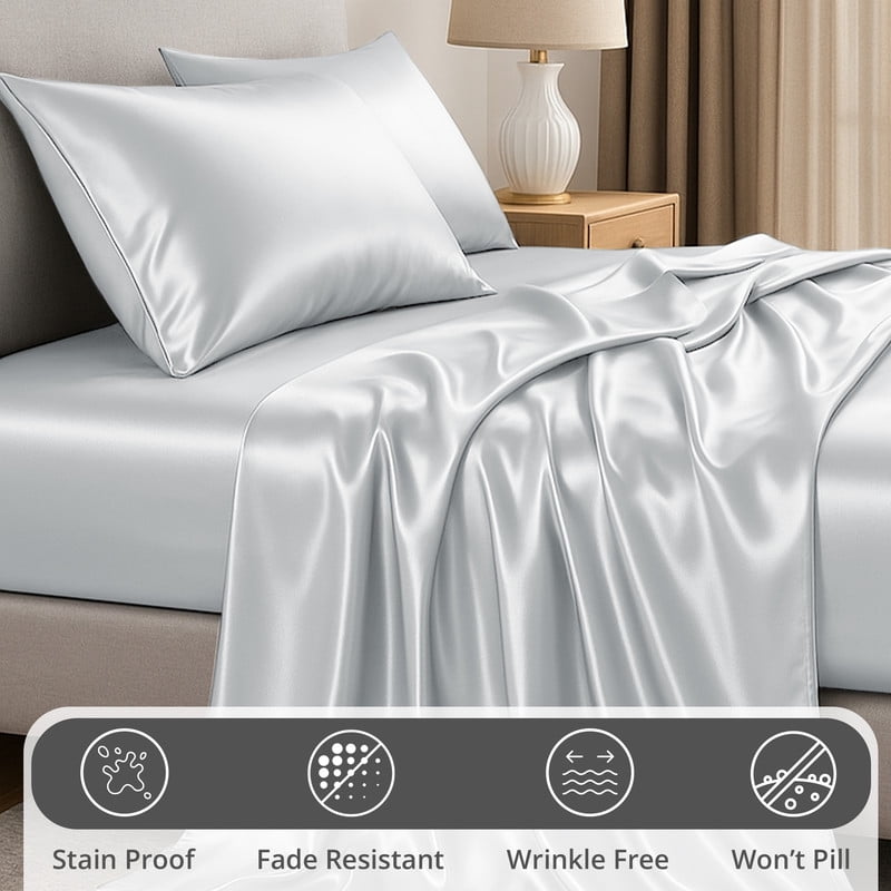Premium Egyptian Cotton Lux Decor Luxury Satin Sheets King Size - 4 Piece Cooling Bed Sheet Set, Silky Soft & Smooth, Deep Pockets up to 15",... - Cooling Hotel Quality Bedding Sheets and Pillowcases Detail
