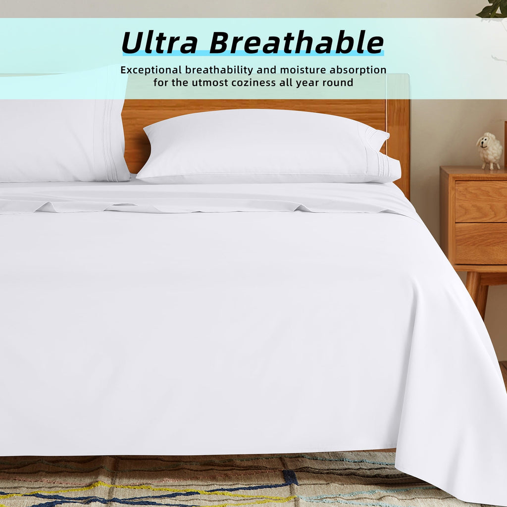 Ultra-Soft Bed Sheets Set, Microfiber Deep Pocket 4 Pieces Luxury Soft Sheet Set, Queen, White - Luxury Bed Sheet Set with Deep Pockets Detail