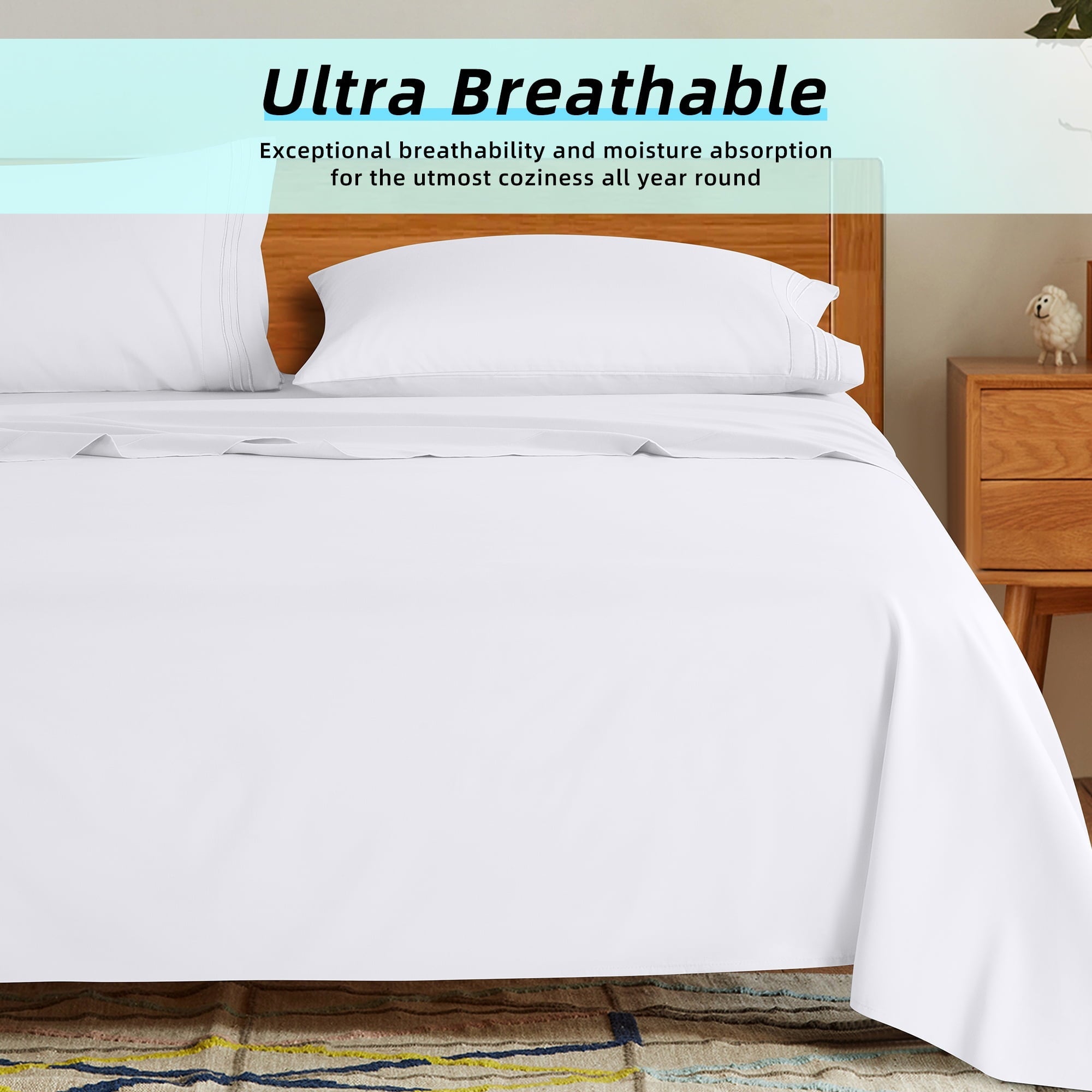 Ultra-Soft Bed Sheets Set, Microfiber Deep Pocket 4 Pieces Luxury Soft Sheet Set, Queen, White - Luxury Bed Sheet Set with Deep Pockets Detail