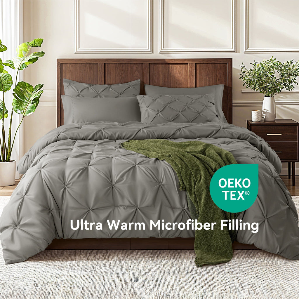 Heavyweight Warmth Queen Comforter Set, 7 Pieces Bedding Sets for All Season, Bed in a Bag with Pleated Comforter - Flat Sheet & Fitted ... - Luxurious Quilted Duvet Cover Set Detail