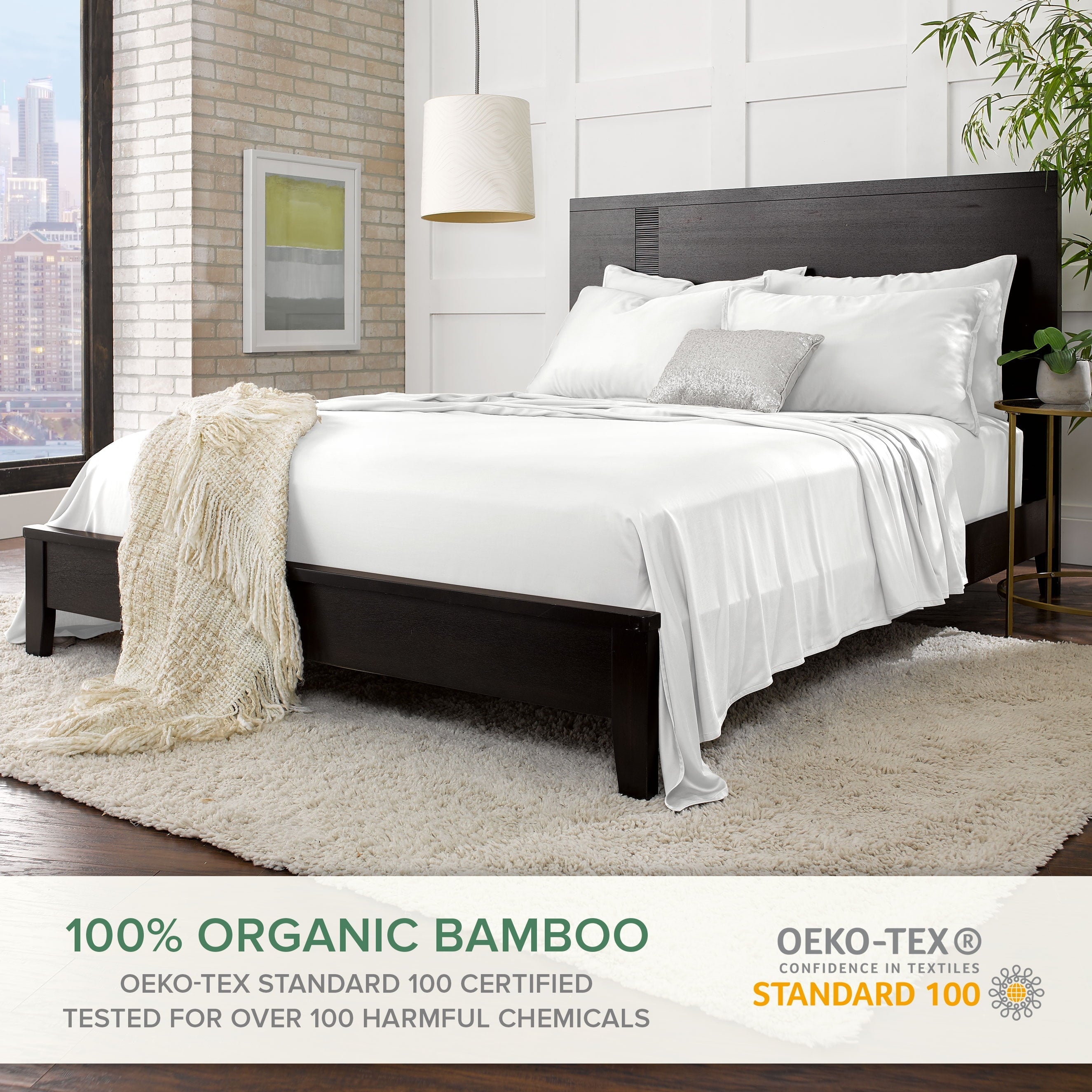 Cooling Sateen Sheets King Size Bed Sheet 4 Piece Set, Genuine 100% Organic Bamboo Viscose, Luxuriously Soft & Cooling, Double Stitc... - Breathable Egyptian Cotton Flat & Fitted Sheets Detail